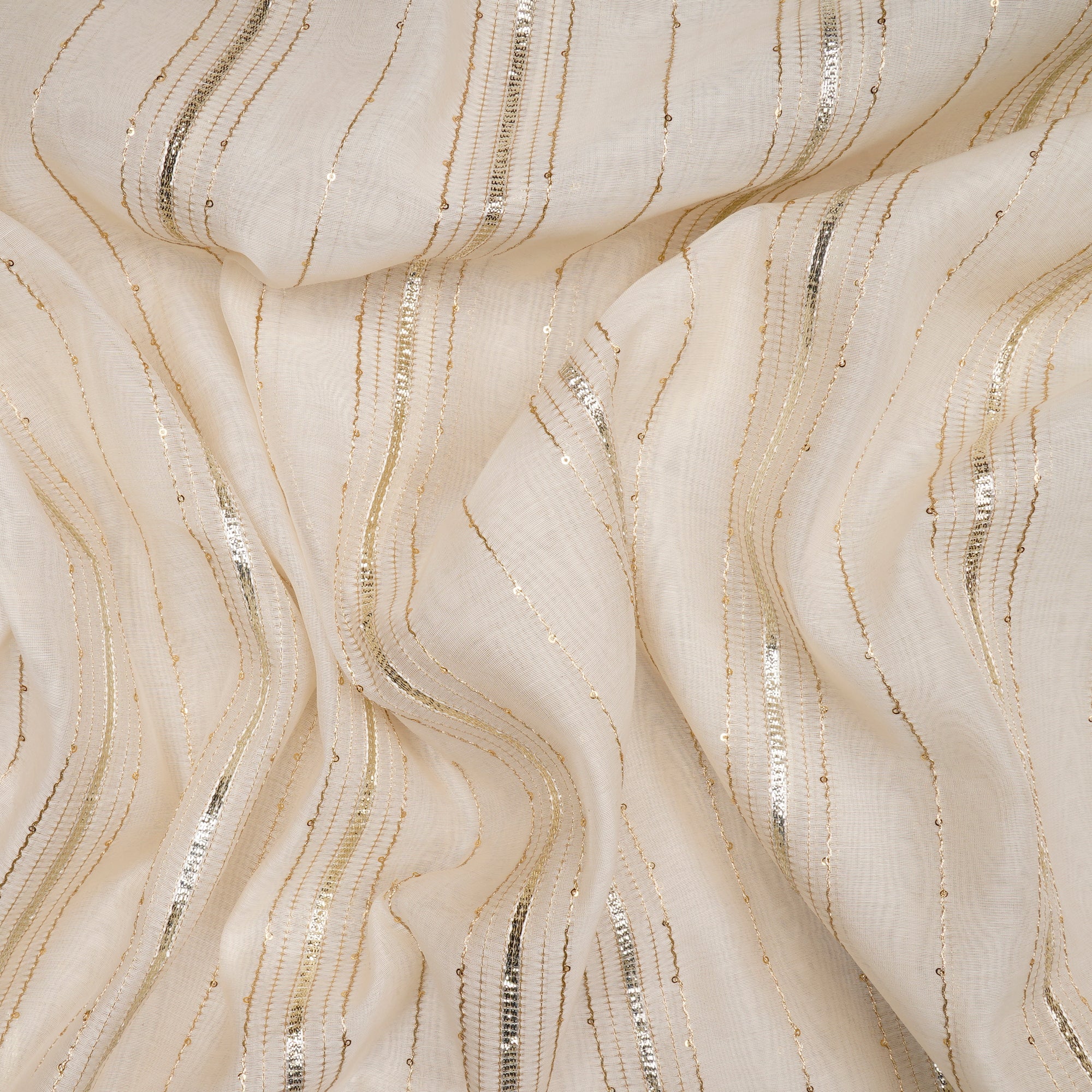 (Pre-Cut 0.50 Mtr)Off White Dyeable Stripe Pattern Gota Work Embroidered Chanderi Fabric
