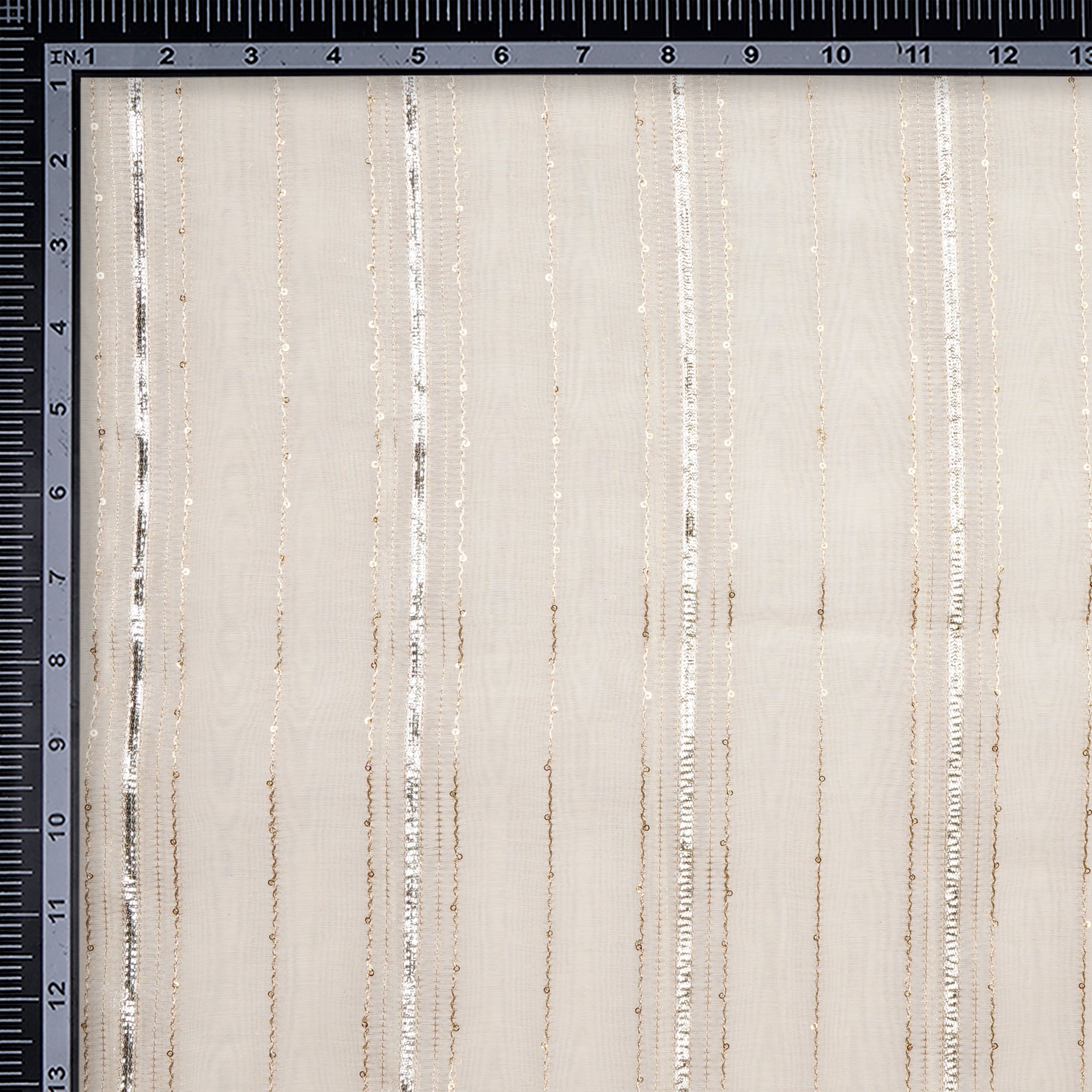(Pre-Cut 0.50 Mtr)Off White Dyeable Stripe Pattern Gota Work Embroidered Chanderi Fabric