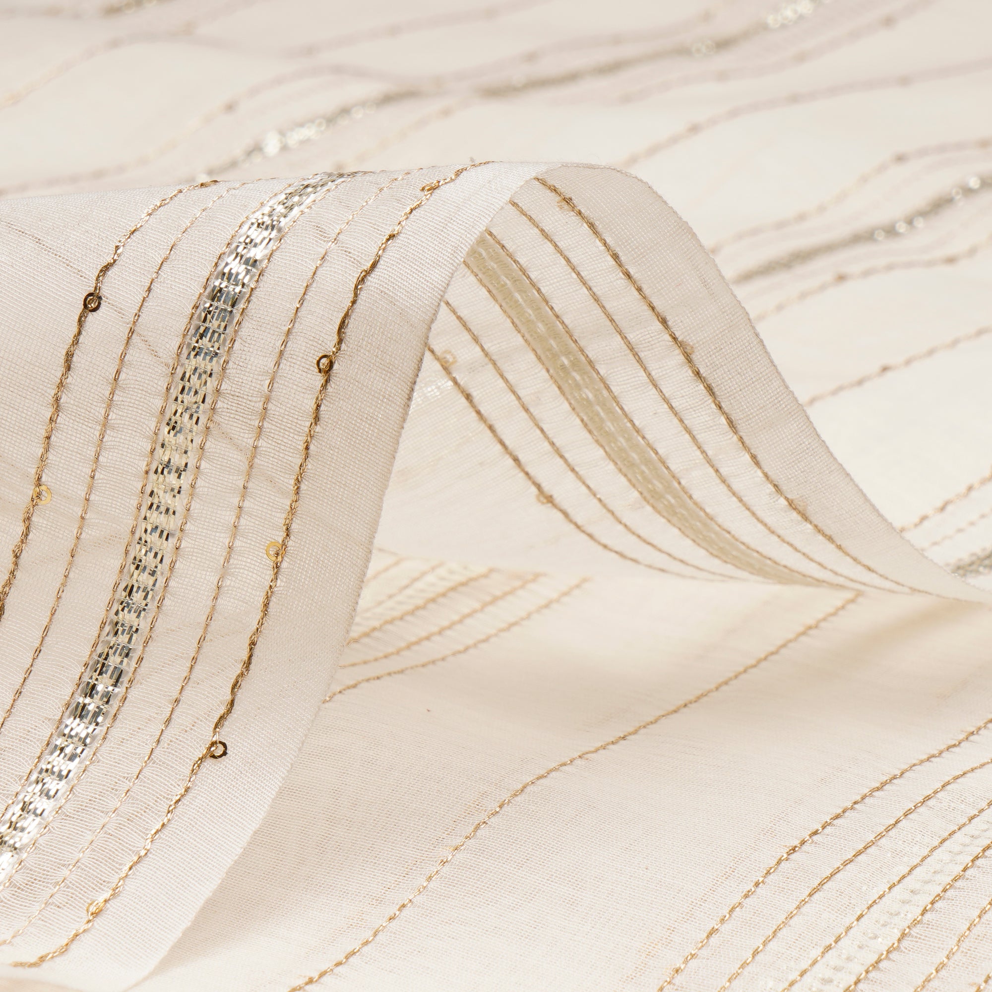 (Pre-Cut 0.50 Mtr)Off White Dyeable Stripe Pattern Gota Work Embroidered Chanderi Fabric