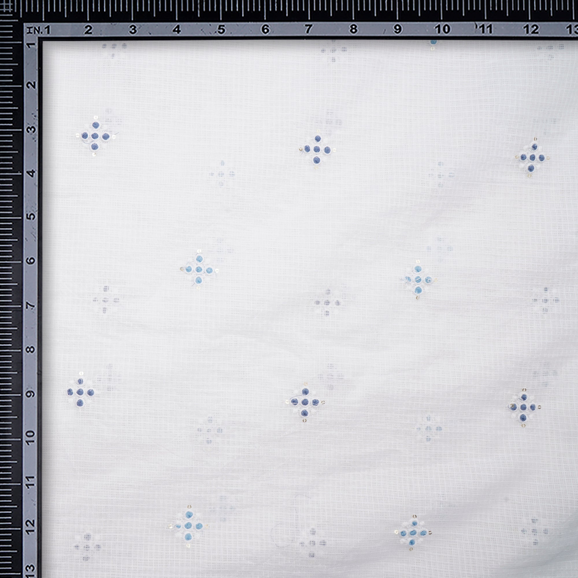 (Pre-Cut 1.30 Mtr)White-Blue All-Over Pattern Thread and Sequins Embroidered Kota Cotton Fabric