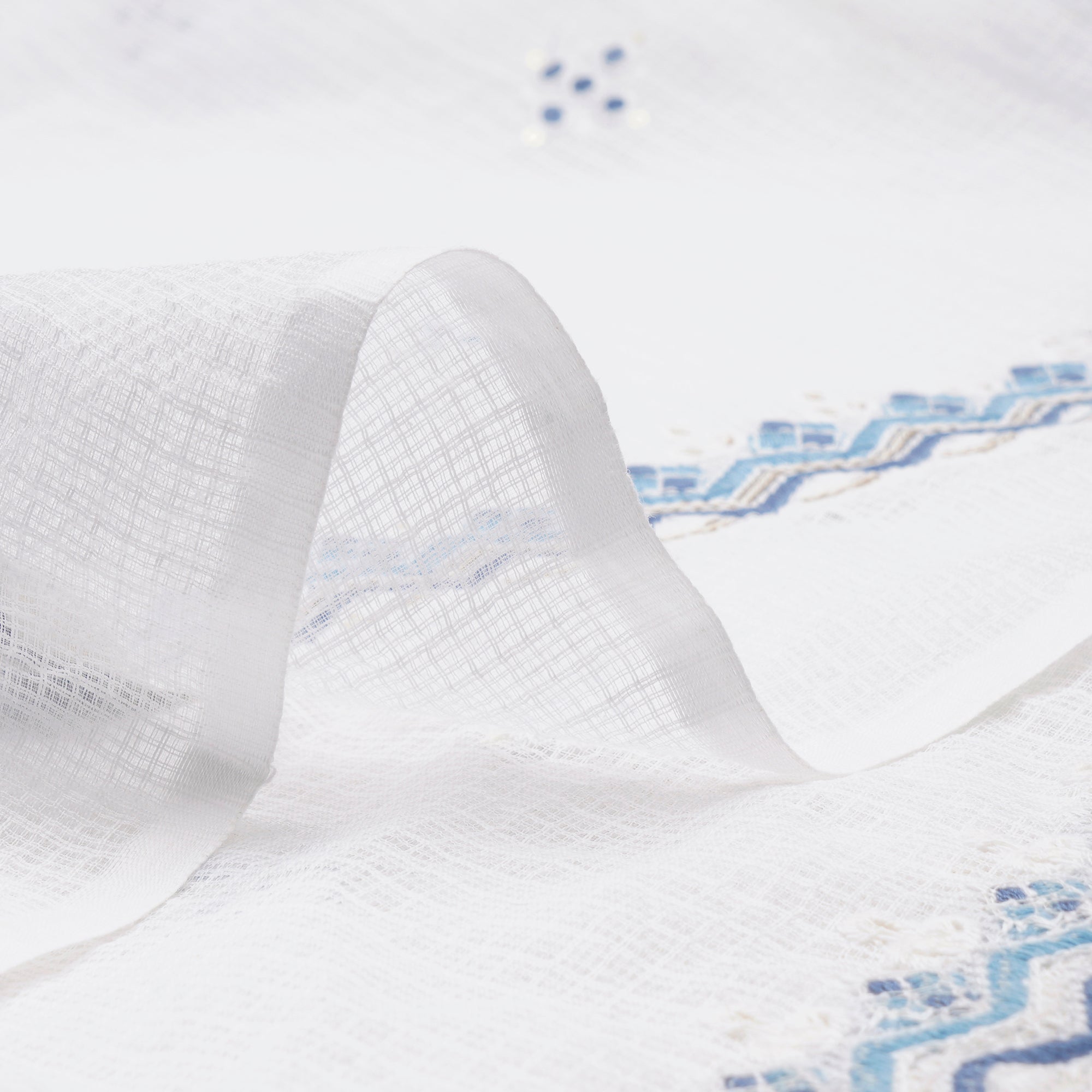 (Pre-Cut 1.30 Mtr)White-Blue All-Over Pattern Thread and Sequins Embroidered Kota Cotton Fabric