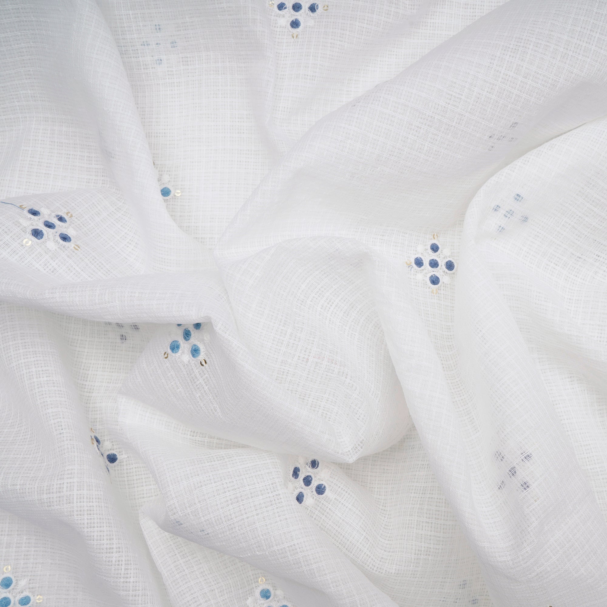 (Pre-Cut 2.00 Mtr)White-Blue All-Over Pattern Thread and Sequins Embroidered Kota Cotton Fabric