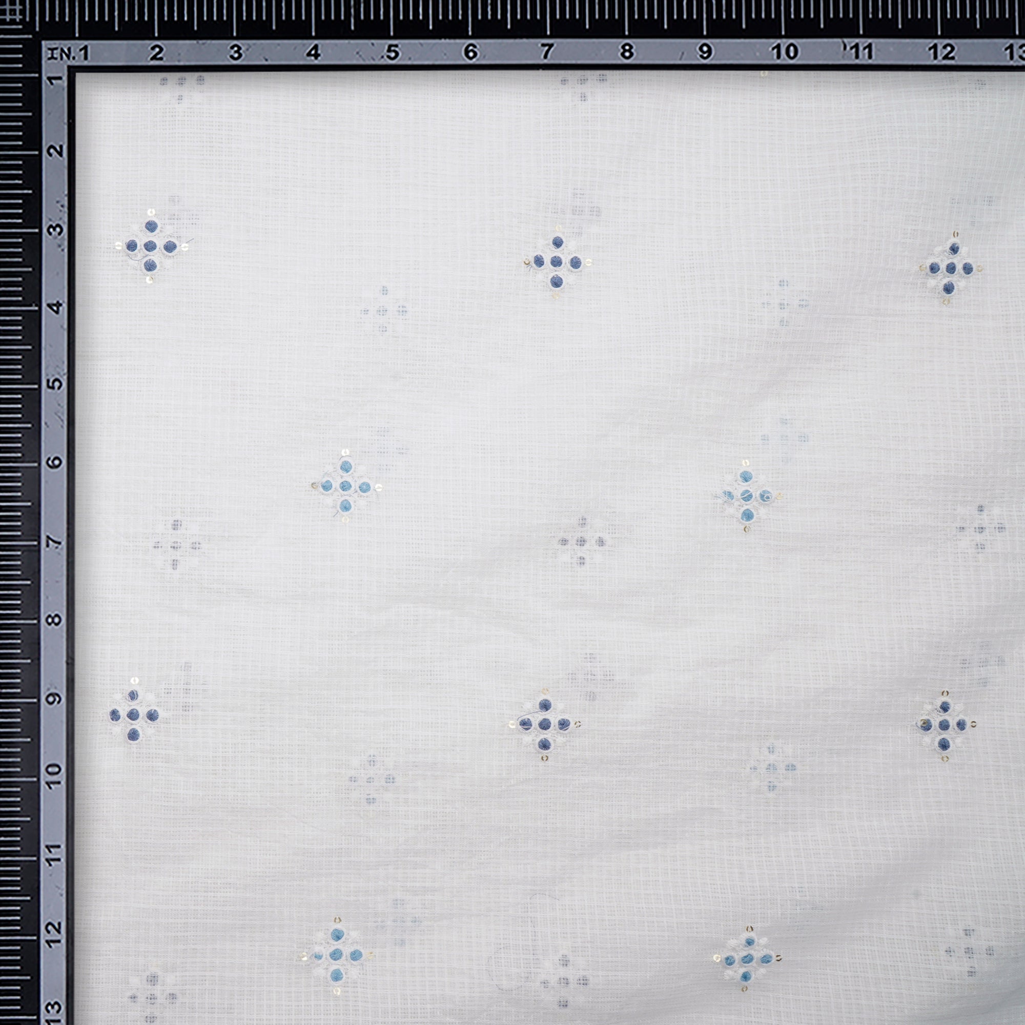 (Pre-Cut 2.00 Mtr)White-Blue All-Over Pattern Thread and Sequins Embroidered Kota Cotton Fabric