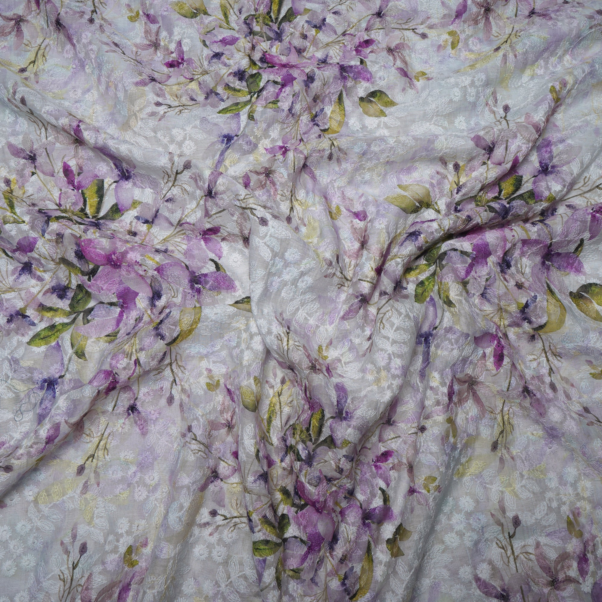 (Pre-Cut 1.80 Mtr)Off -White Floral Pattern Thread Embroidered Kora Cotton Fabric