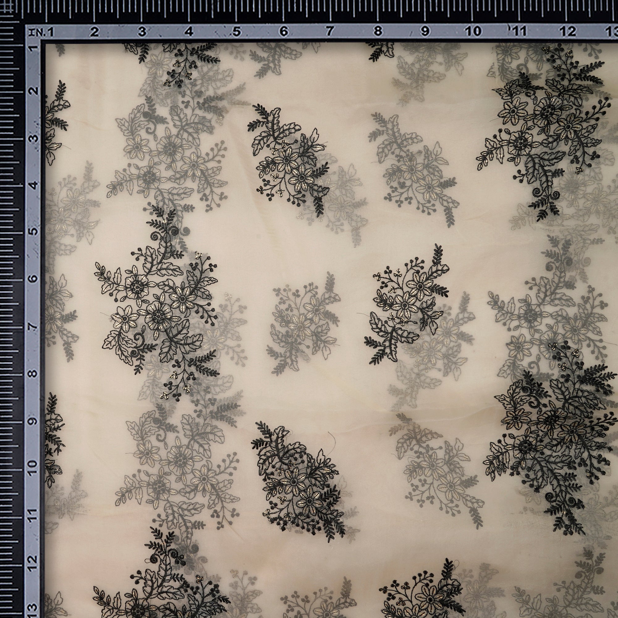 (Pre-Cut 1.00 Mtr)Off-White Dyeable Floral Motif Pattern Thread &Sequins Embroidered Organza Fabric