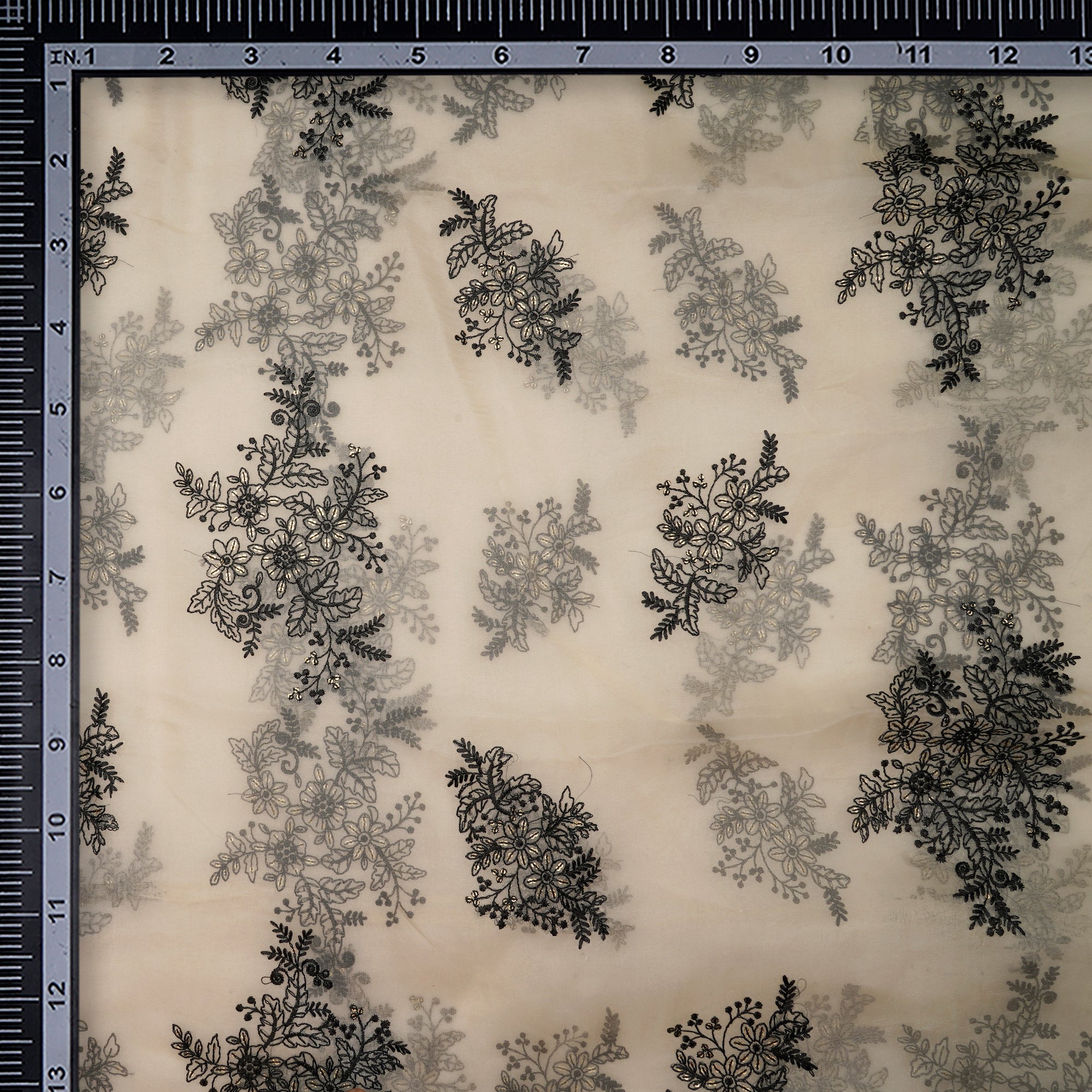 (Pre-Cut 1.20 Mtr)Off-White Dyeable Floral Motif Pattern Thread &Sequins Embroidered Organza Fabric