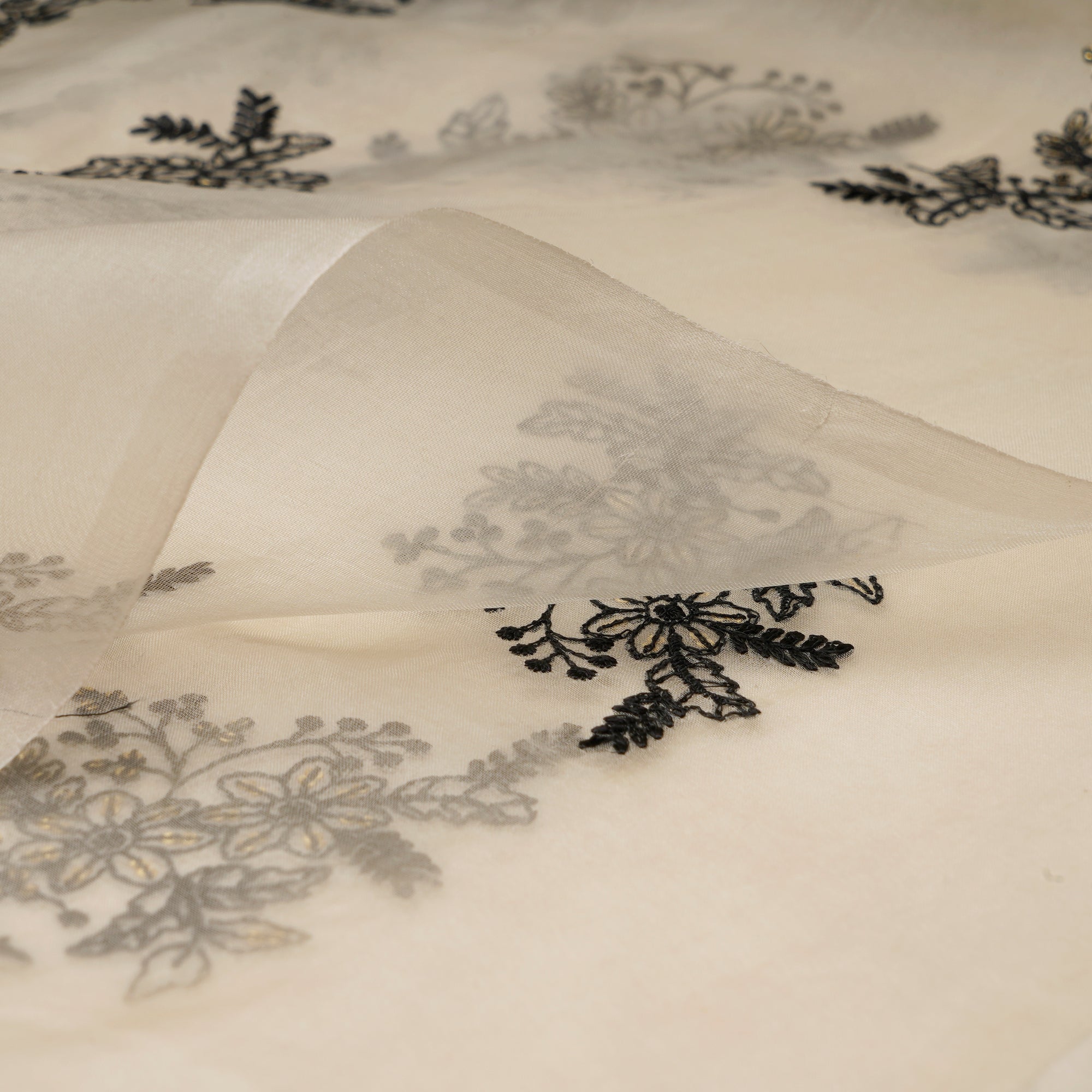 (Pre-Cut 1.20 Mtr)Off-White Dyeable Floral Motif Pattern Thread &Sequins Embroidered Organza Fabric