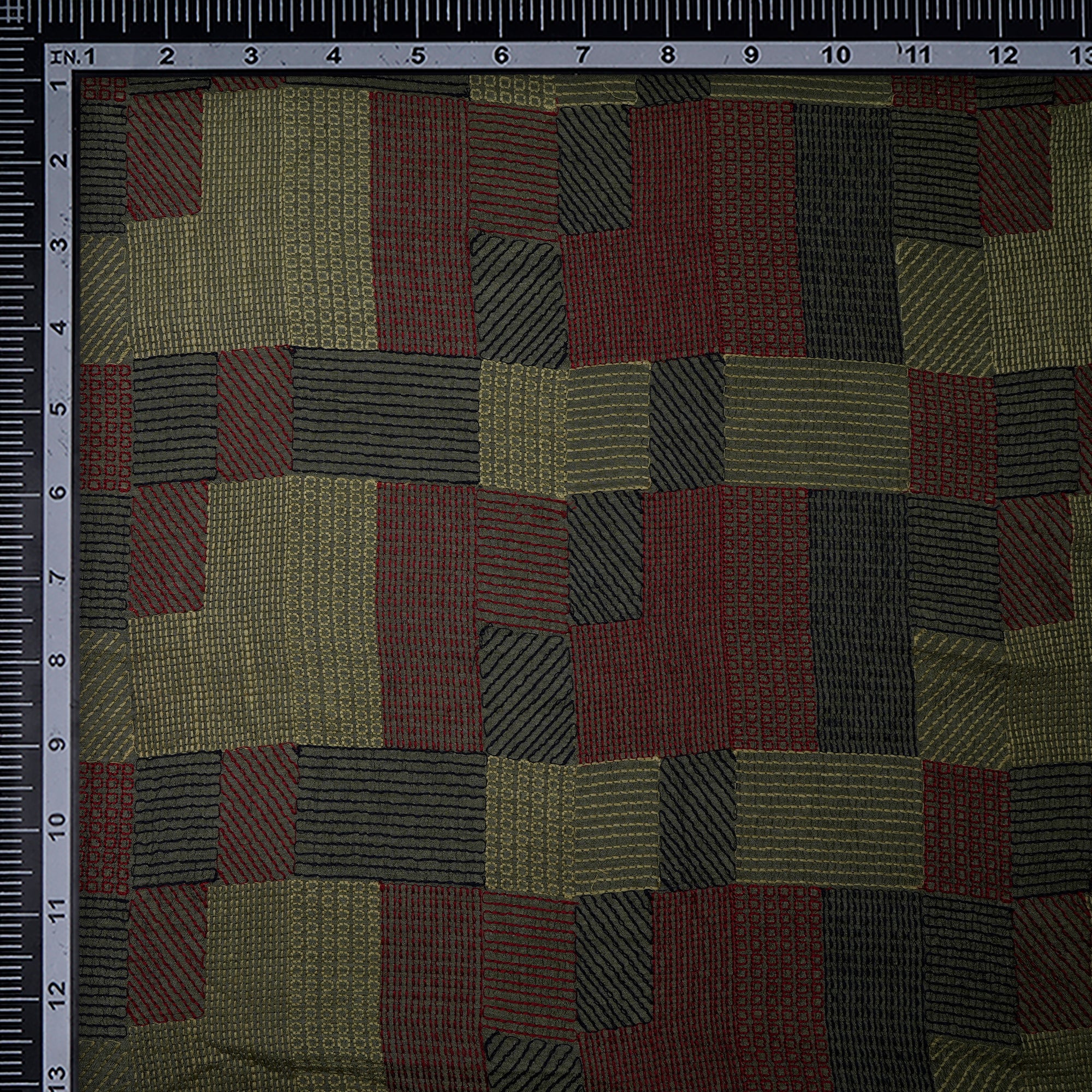 (Pre-Cut 3.70 Mtr)Mehendi Geometric Pattern Thread Embroidered Bemberg Viscose Fabric