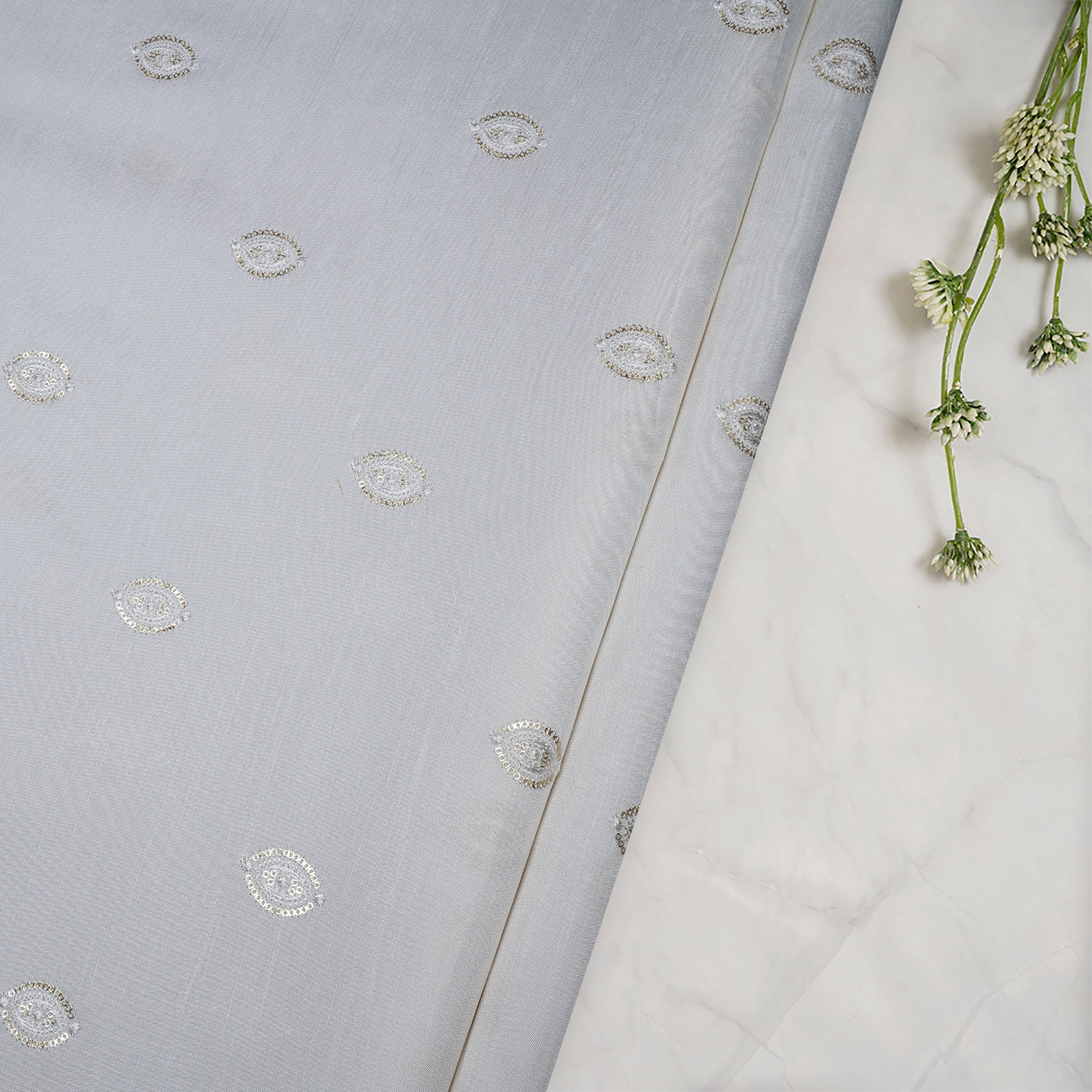 (Pre-Cut 2.00 Mtr)White Dyeable Traditional Pattern Embroidered with Thread sequine Mysore Silk Fabric