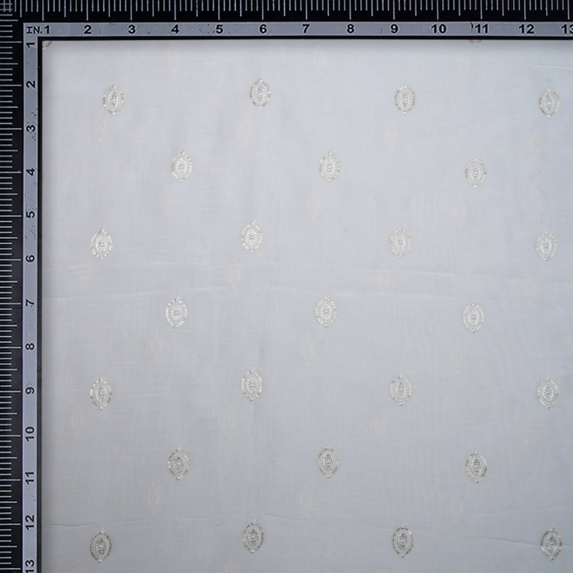 (Pre-Cut 2.00 Mtr)White Dyeable Traditional Pattern Embroidered with Thread sequine Mysore Silk Fabric