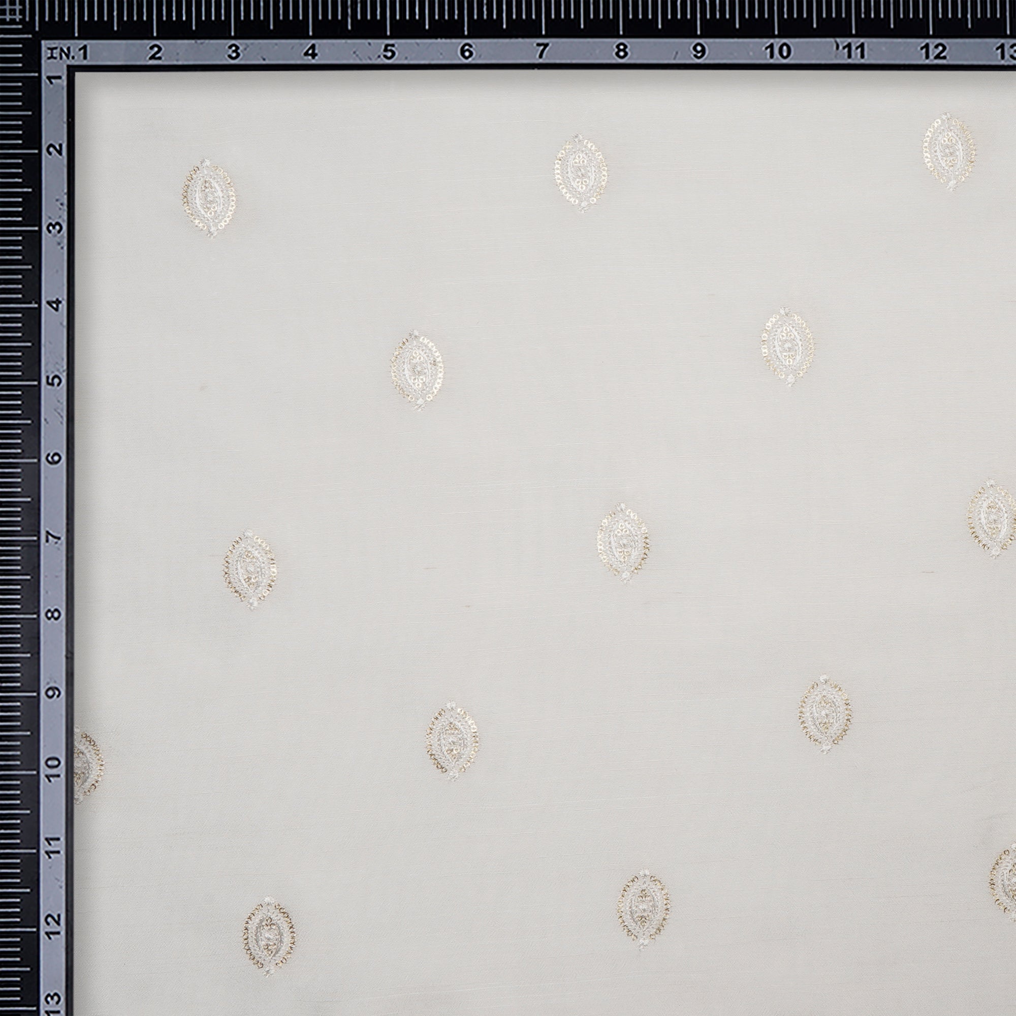 (Pre-Cut 4.10 Mtr)White Dyeable Traditional Pattern Embroidered with Thread sequine Mysore Silk Fabric