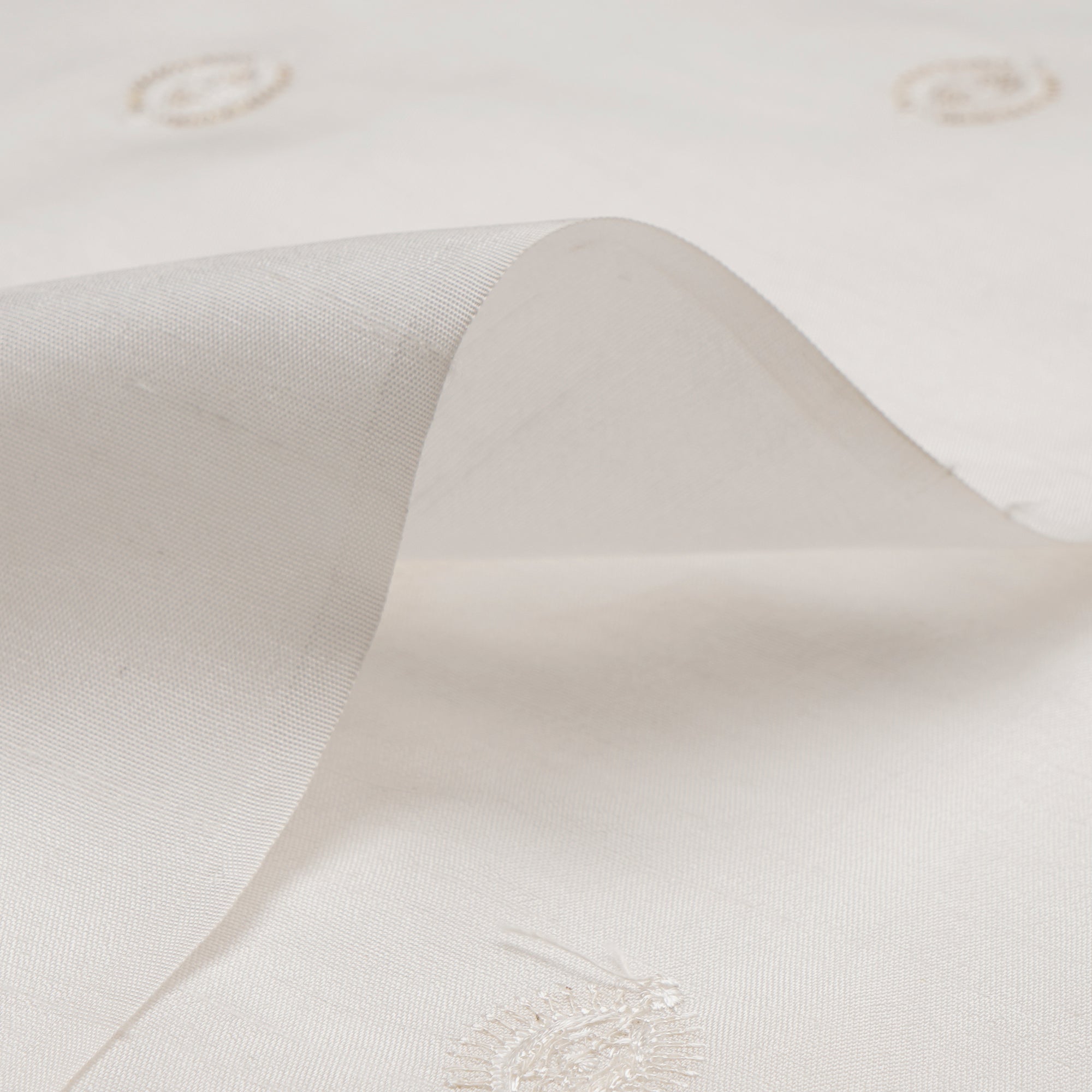 (Pre-Cut 4.10 Mtr)White Dyeable Traditional Pattern Embroidered with Thread sequine Mysore Silk Fabric