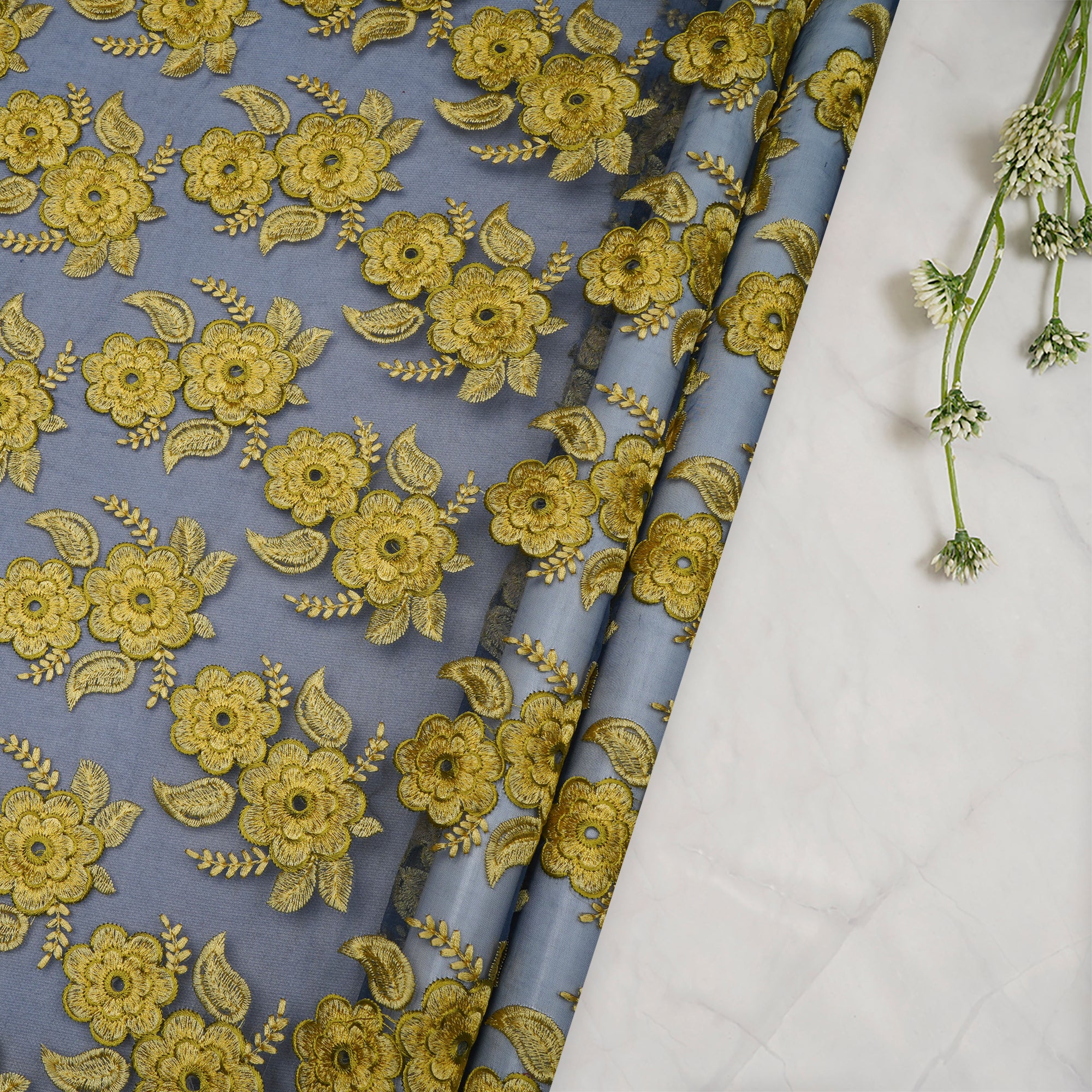 (Pre-Cut 1.00 Mtr)Blue-Yellow Color Embroidered Silk Fabric