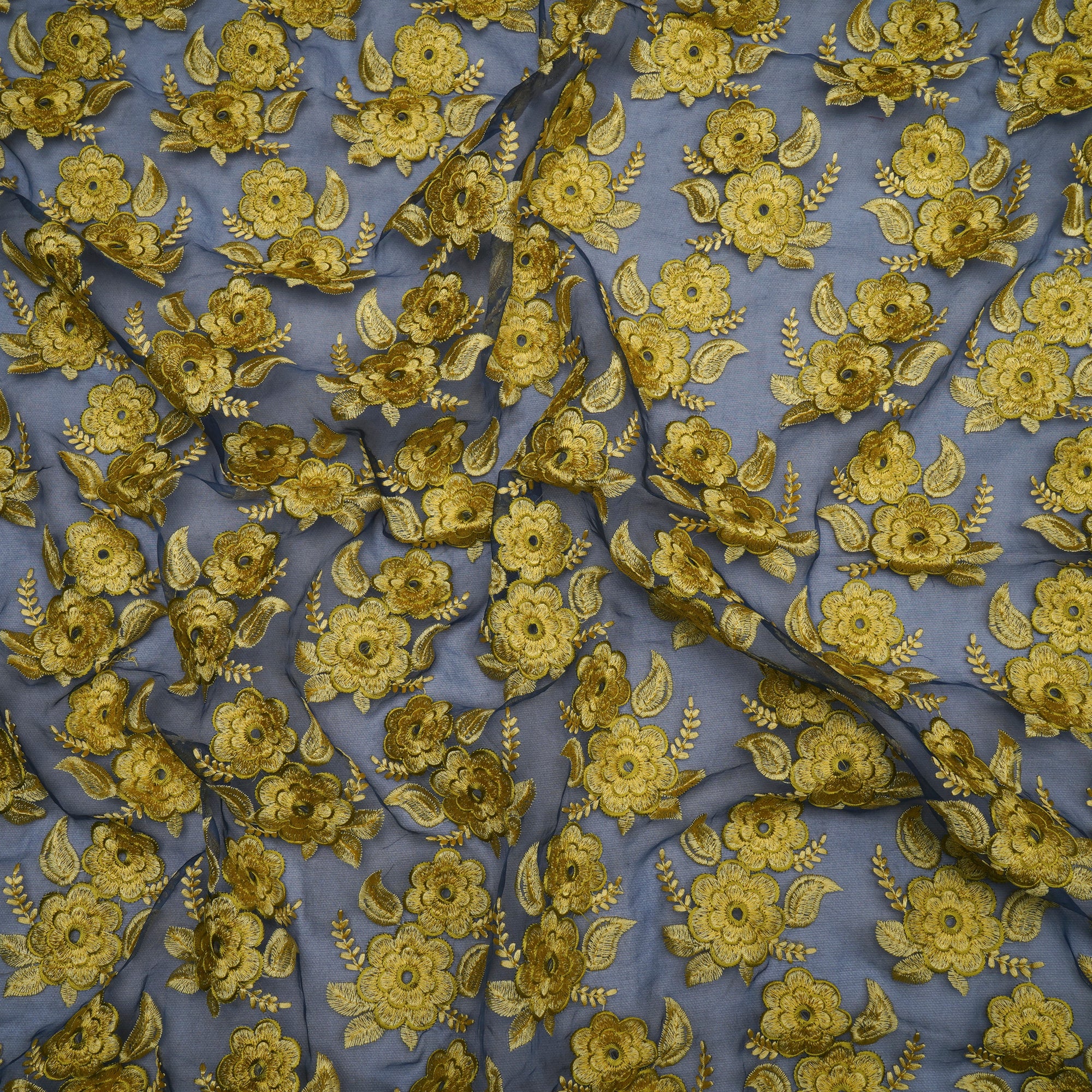 (Pre-Cut 1.00 Mtr)Blue-Yellow Color Embroidered Silk Fabric