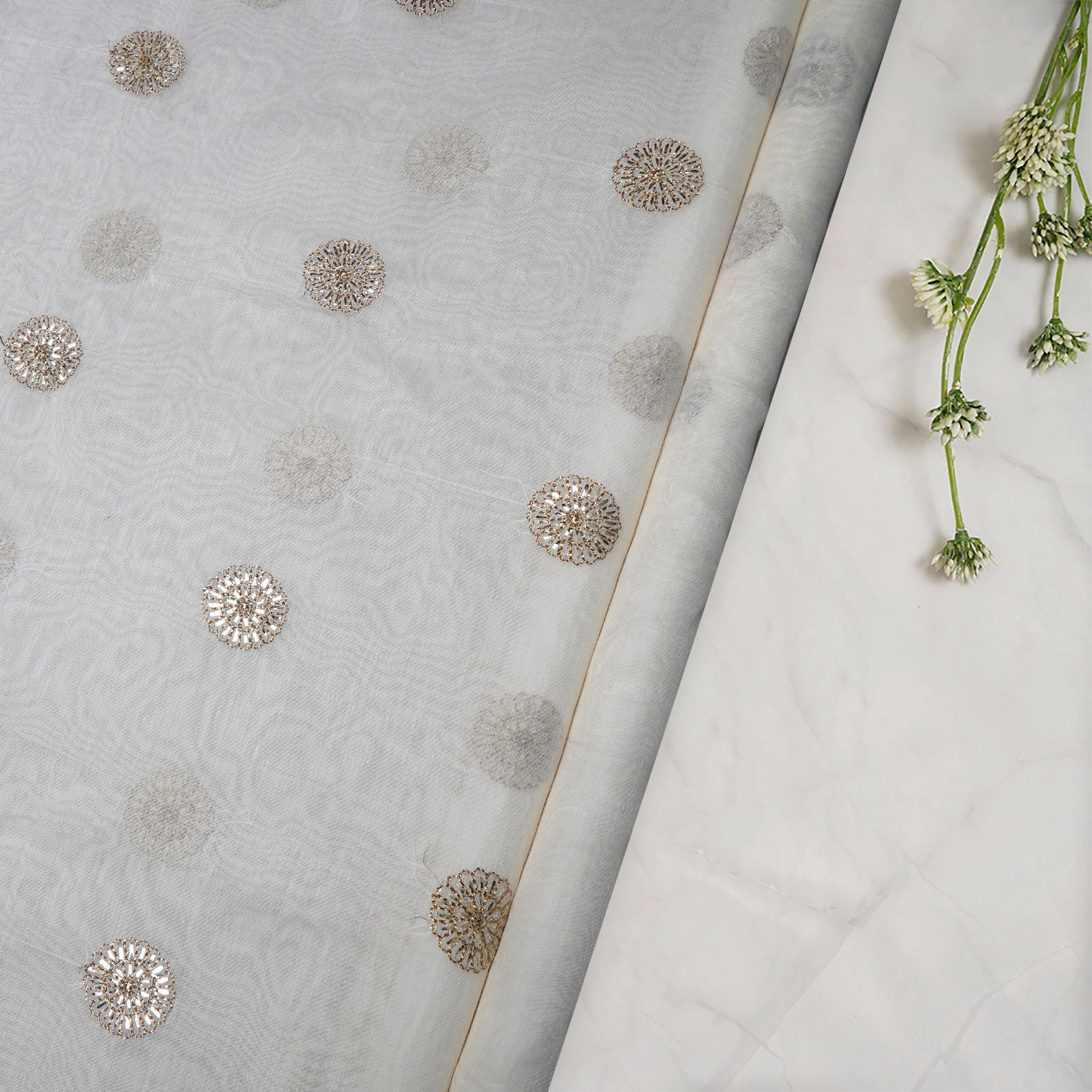 (Pre-Cut 1.00 Mtr)Off White Dyeable Booti Pattern Zari Embroidered Chanderi Fabric