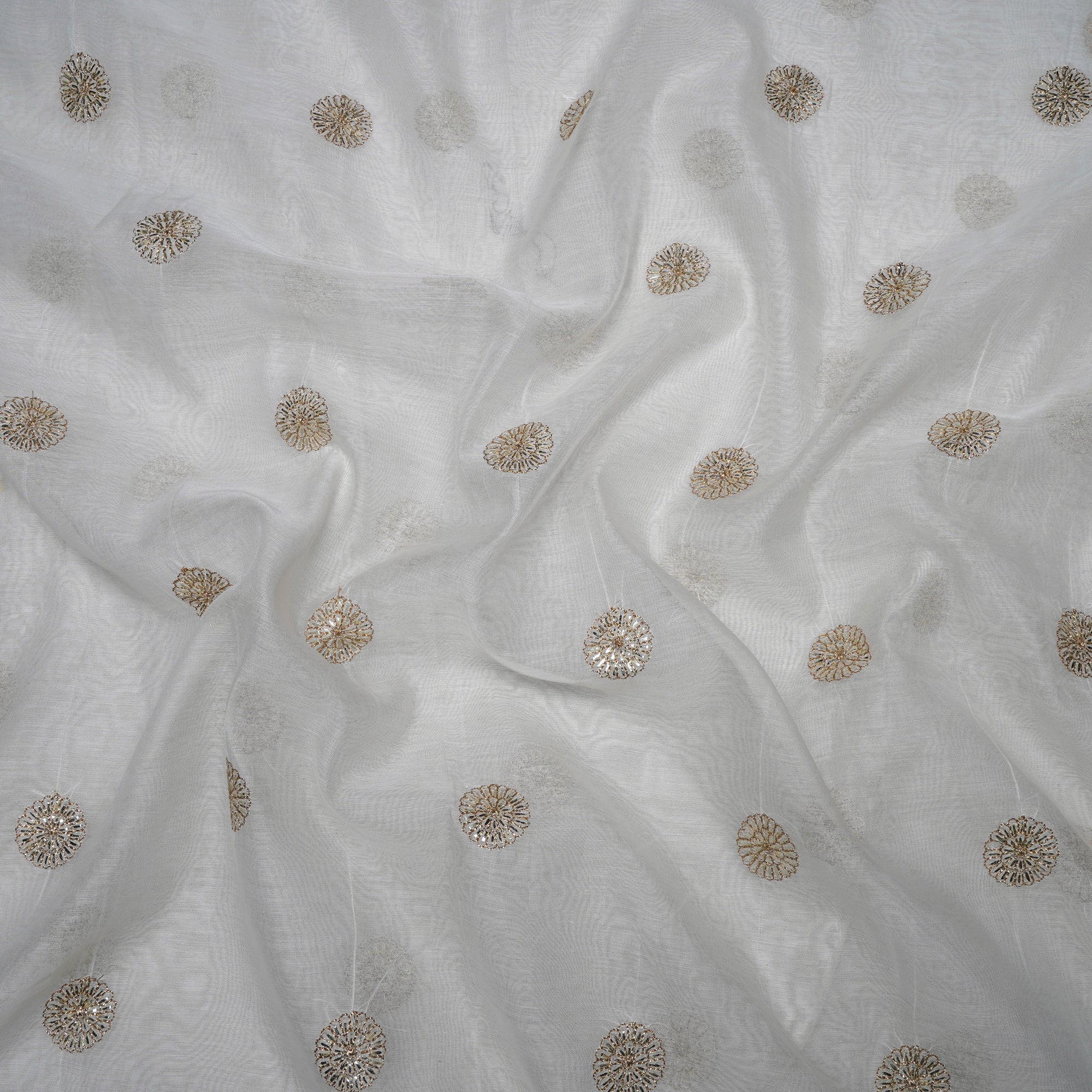 (Pre-Cut 1.00 Mtr)Off White Dyeable Booti Pattern Zari Embroidered Chanderi Fabric