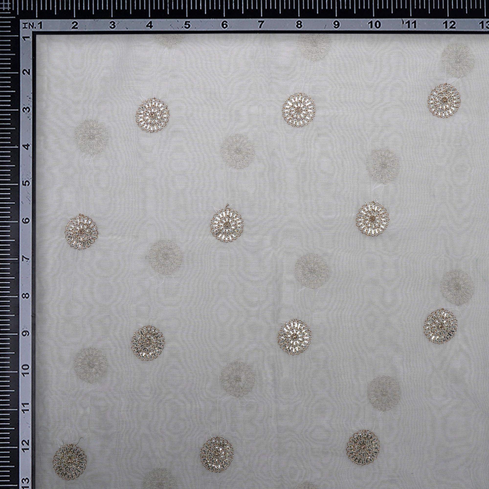 (Pre-Cut 1.00 Mtr)Off White Dyeable Booti Pattern Zari Embroidered Chanderi Fabric