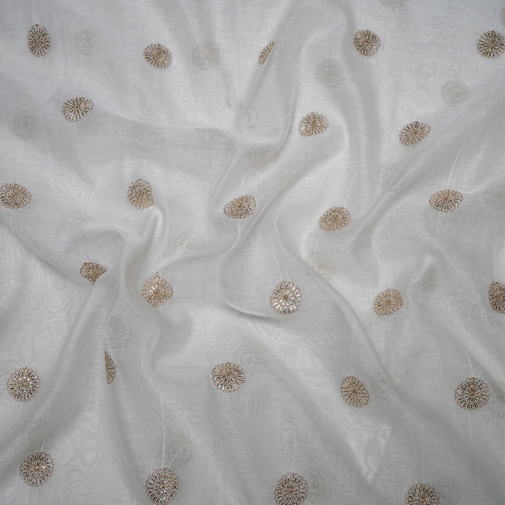 (Pre-Cut 2.10 Mtr)Off White Dyeable Booti Pattern Zari Embroidered Chanderi Fabric