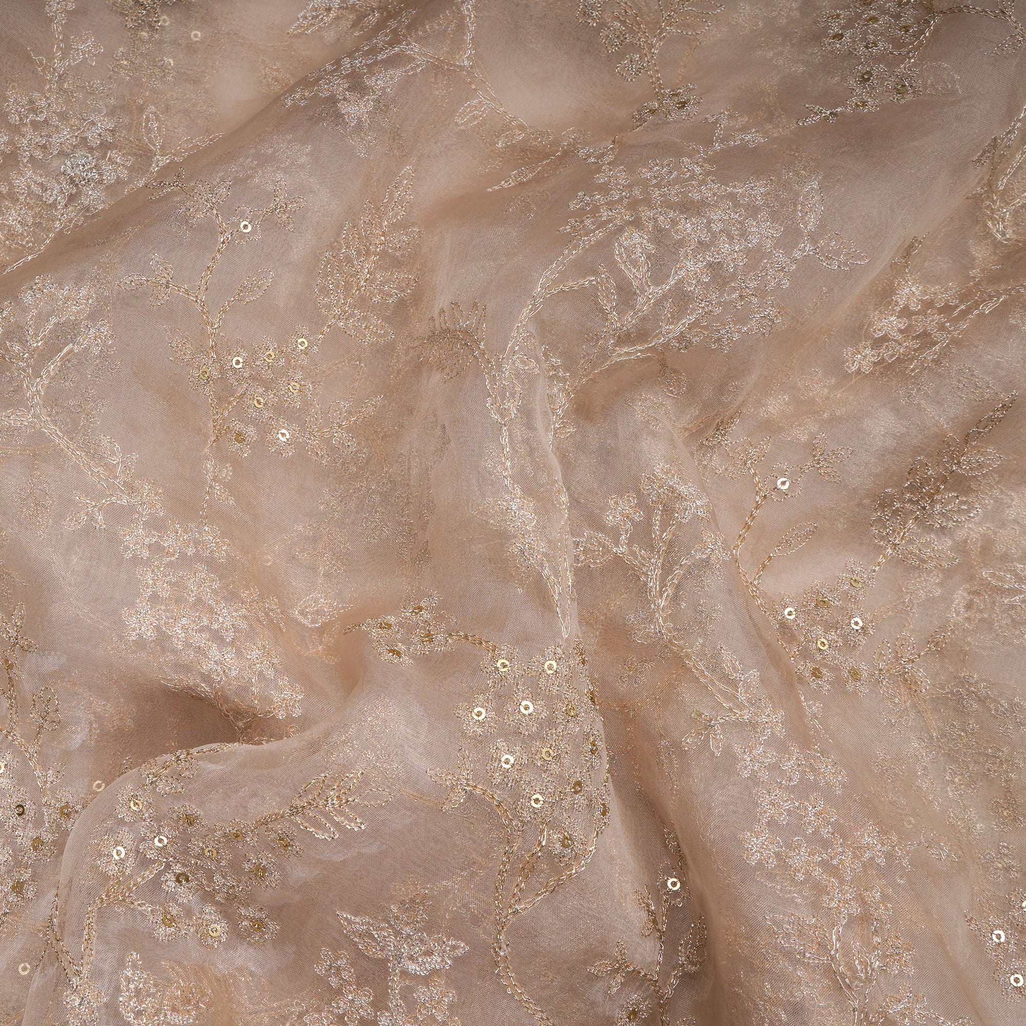 (Pre-Cut 1.00 Mtr)Sea Salt All Over Pattern Thread & Sequin Embroidered Organza Silk Fabric