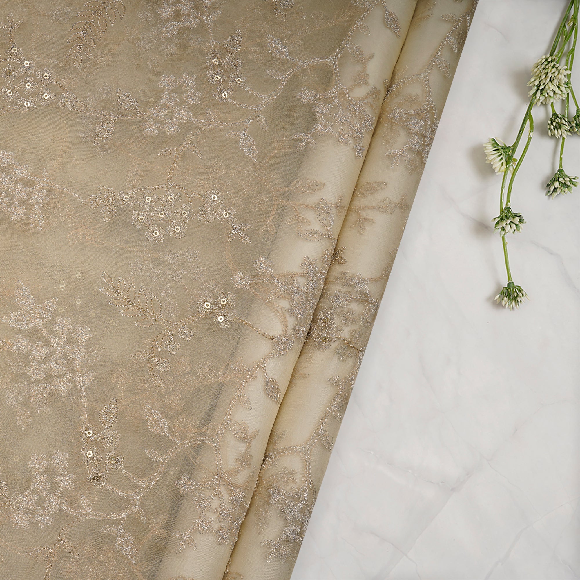 (Pre-Cut 1.00 Mtr)Pear Sorbet All Over Pattern Thread & Sequin Embroidered Organza Silk Fabric