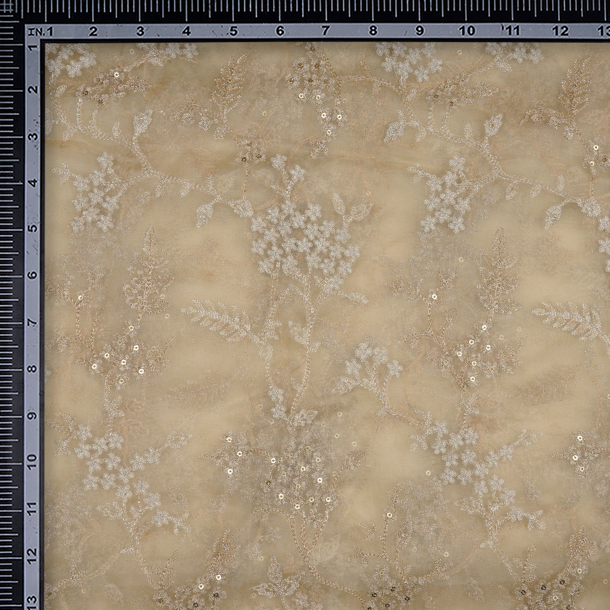 (Pre-Cut 1.00 Mtr)Pear Sorbet All Over Pattern Thread & Sequin Embroidered Organza Silk Fabric