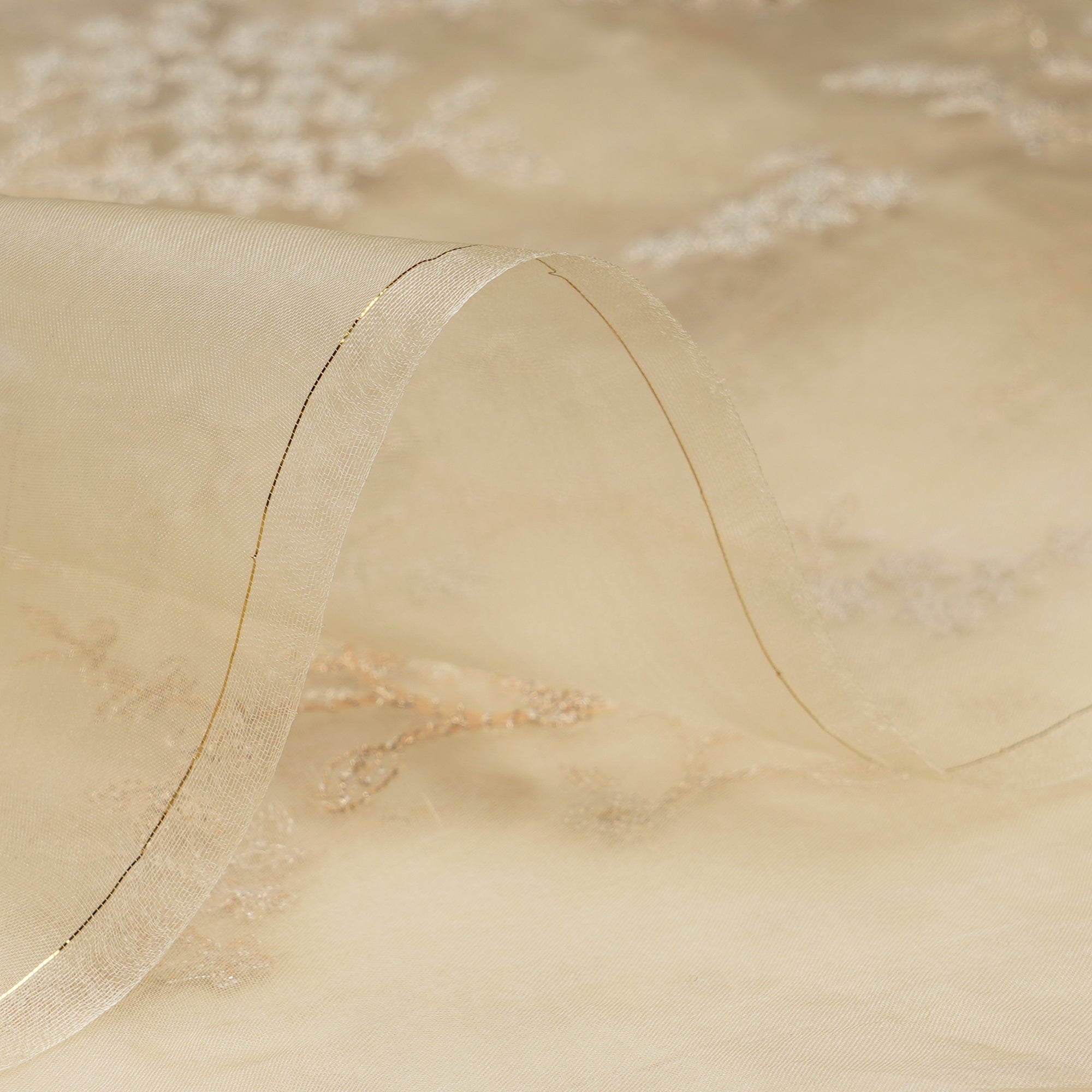 (Pre-Cut 1.00 Mtr)Pear Sorbet All Over Pattern Thread & Sequin Embroidered Organza Silk Fabric
