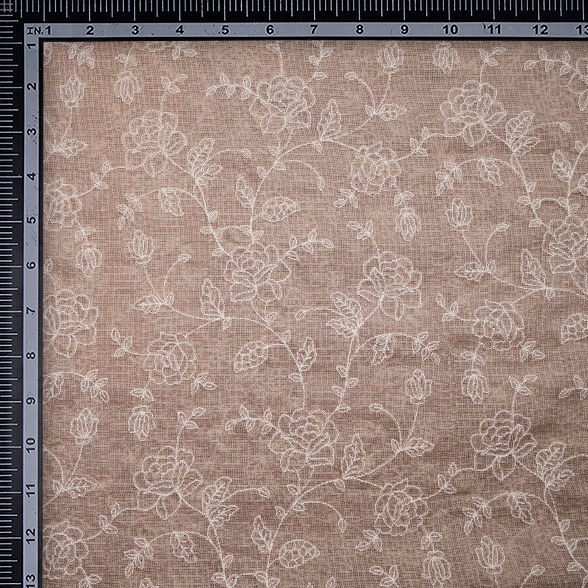 (Pre-Cut 1.00 Mtr)Frappe Floral Pattern Thread Embroidered Kota Cotton Fabric