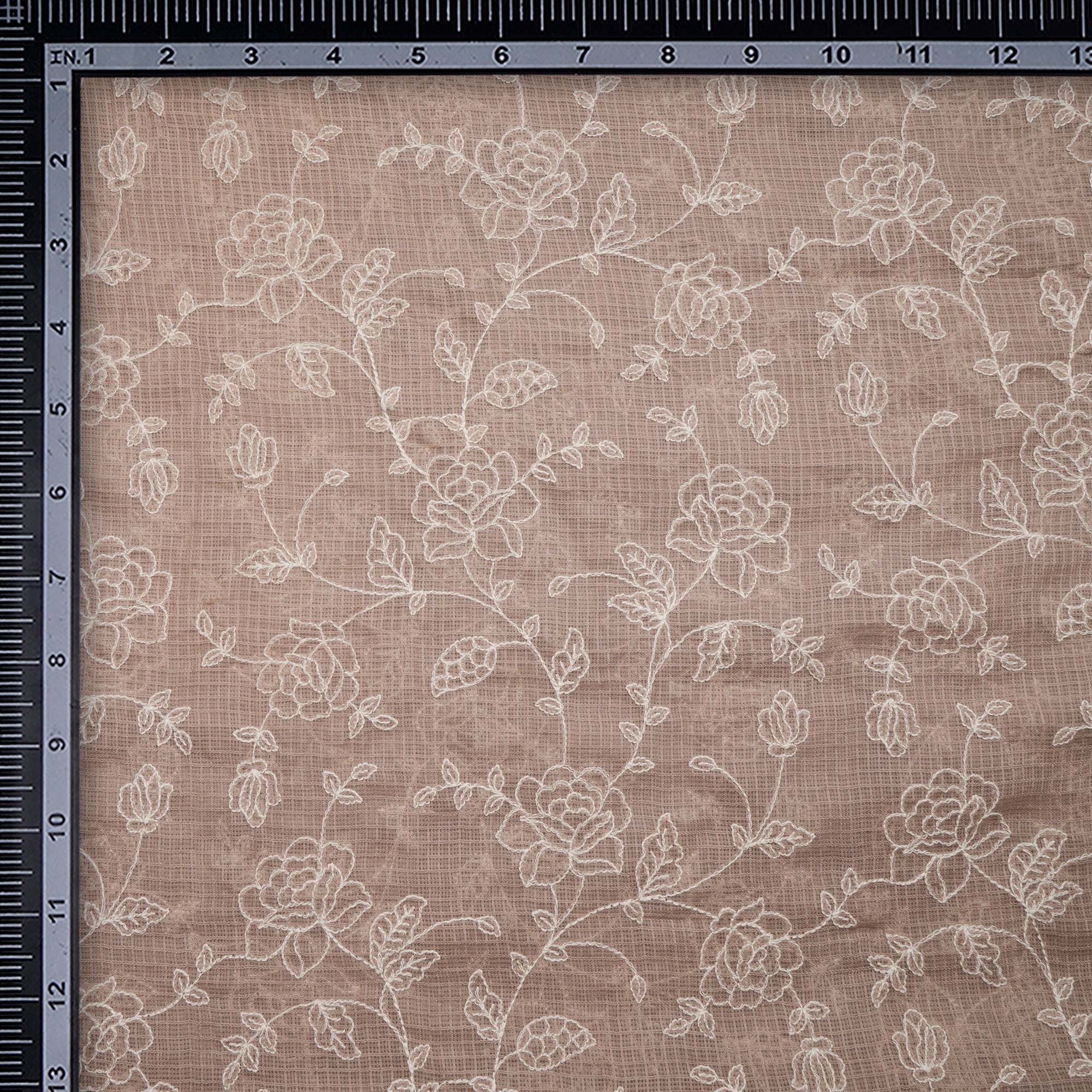 (Pre-Cut 1.30 Mtr)Frappe Floral Pattern Thread Embroidered Kota Cotton Fabric