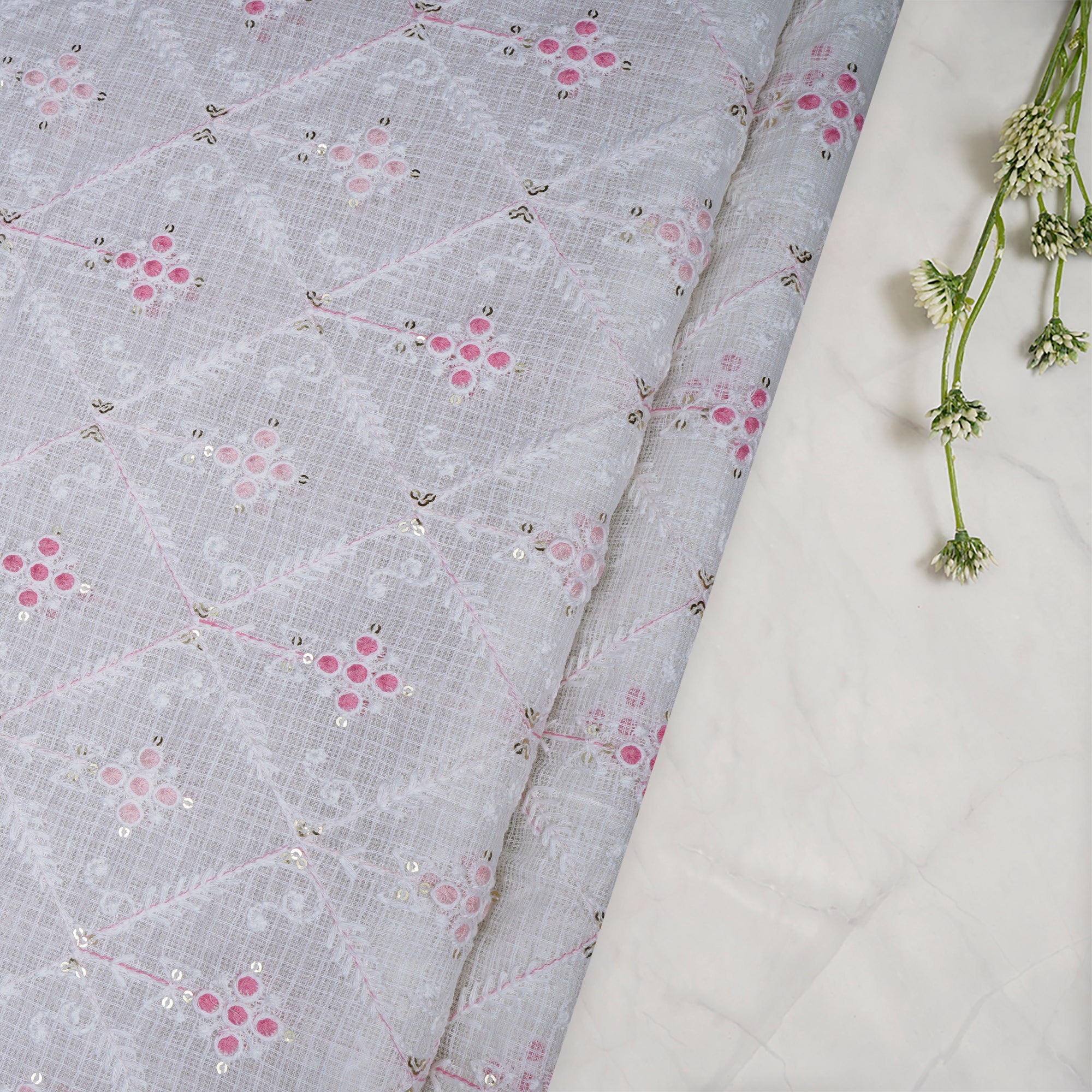 (Pre-Cut 1.50 Mtr)White-Pink All-Over Pattern Thread and Sequins Embroidered Kota Cotton Fabric