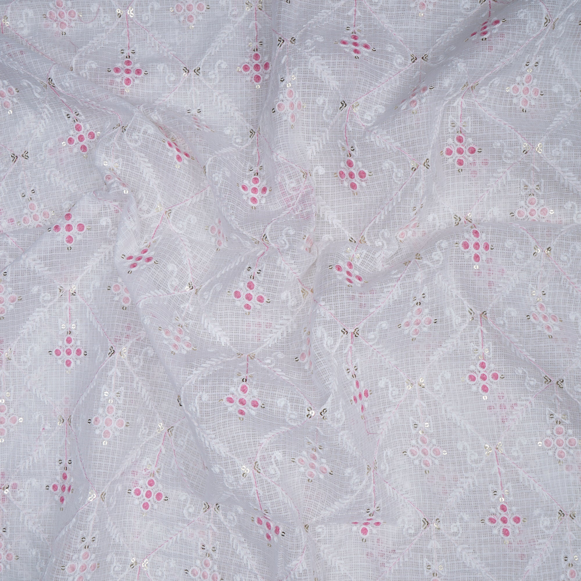 (Pre-Cut 1.50 Mtr)White-Pink All-Over Pattern Thread and Sequins Embroidered Kota Cotton Fabric