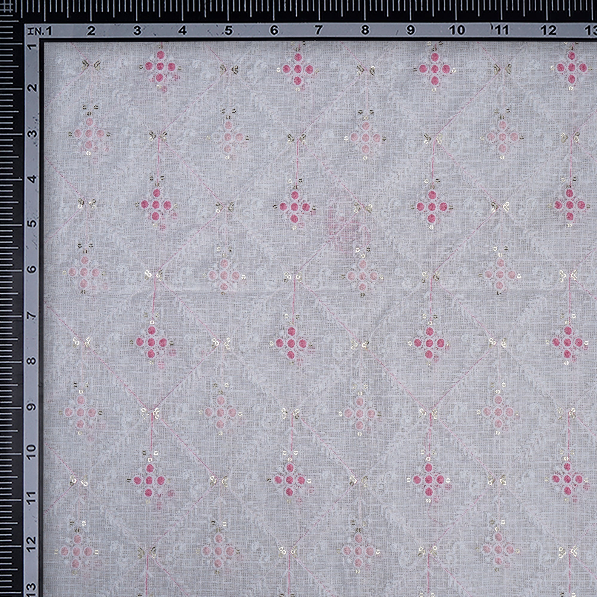 (Pre-Cut 1.50 Mtr)White-Pink All-Over Pattern Thread and Sequins Embroidered Kota Cotton Fabric