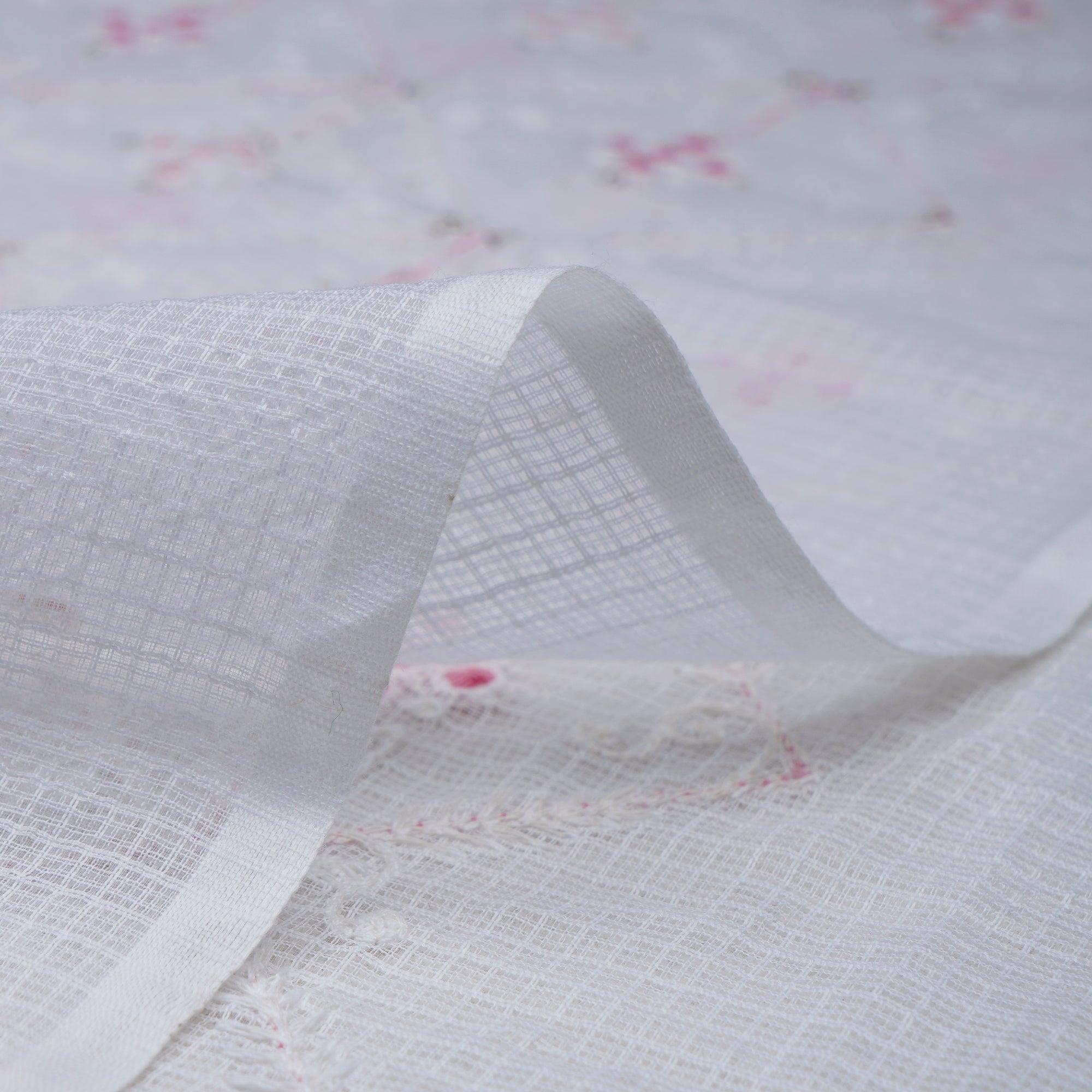 (Pre-Cut 1.50 Mtr)White-Pink All-Over Pattern Thread and Sequins Embroidered Kota Cotton Fabric
