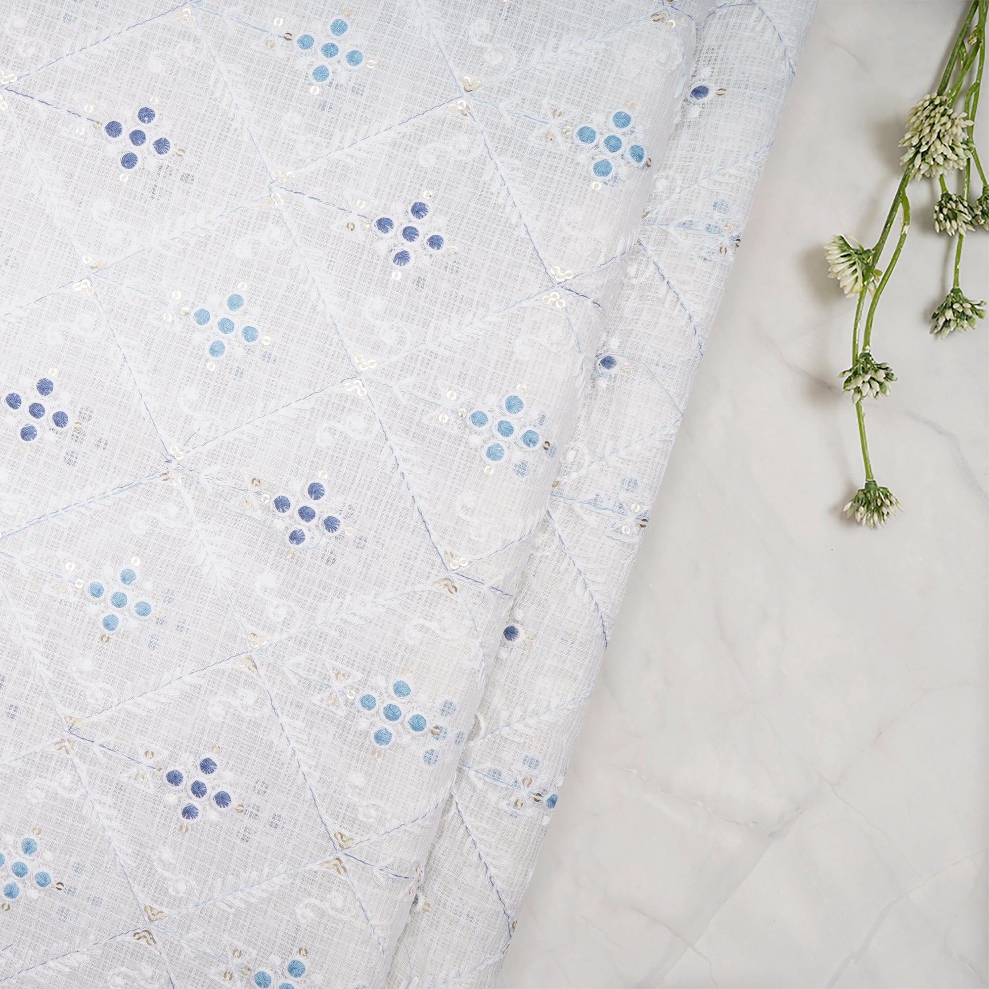 (Pre-Cut 2.00 Mtr)White-Blue All-Over Pattern Thread and Sequins Embroidered Kota Cotton Fabric