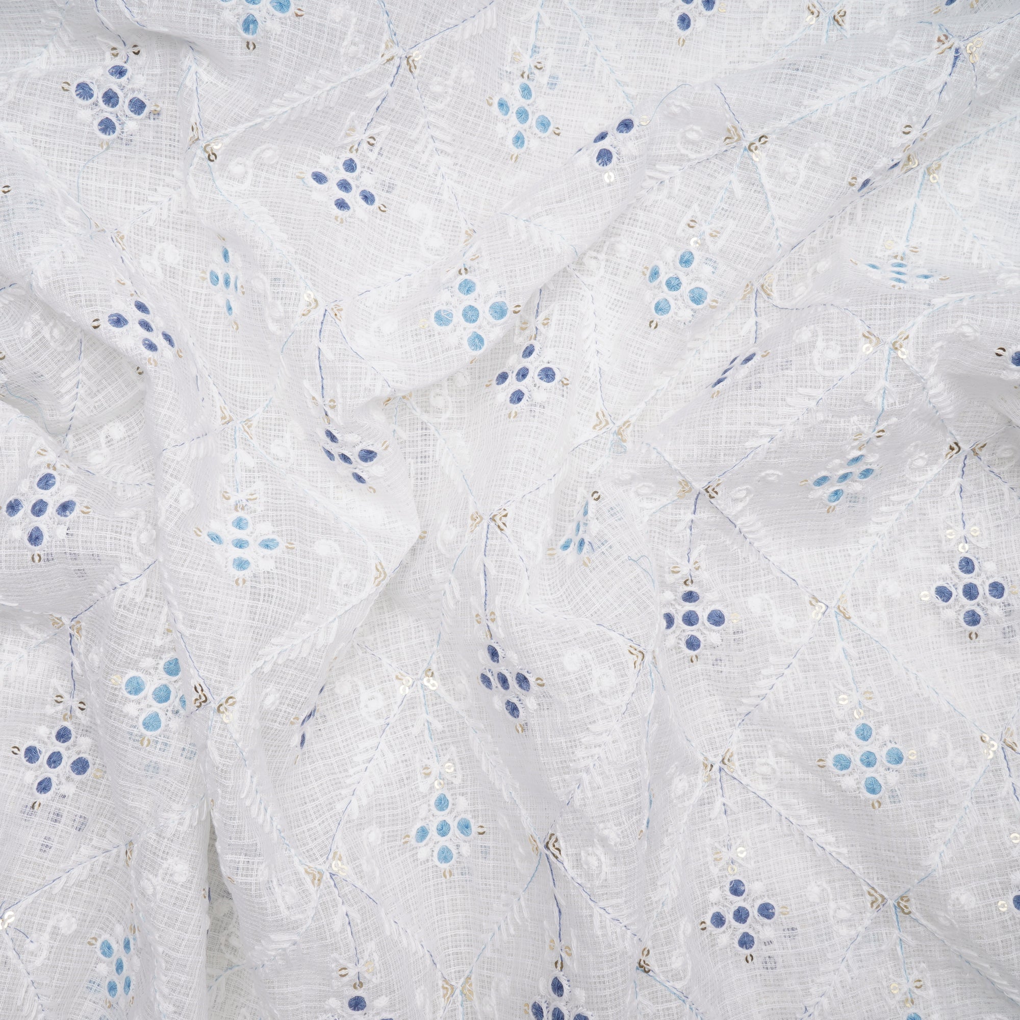 (Pre-Cut 2.00 Mtr)White-Blue All-Over Pattern Thread and Sequins Embroidered Kota Cotton Fabric
