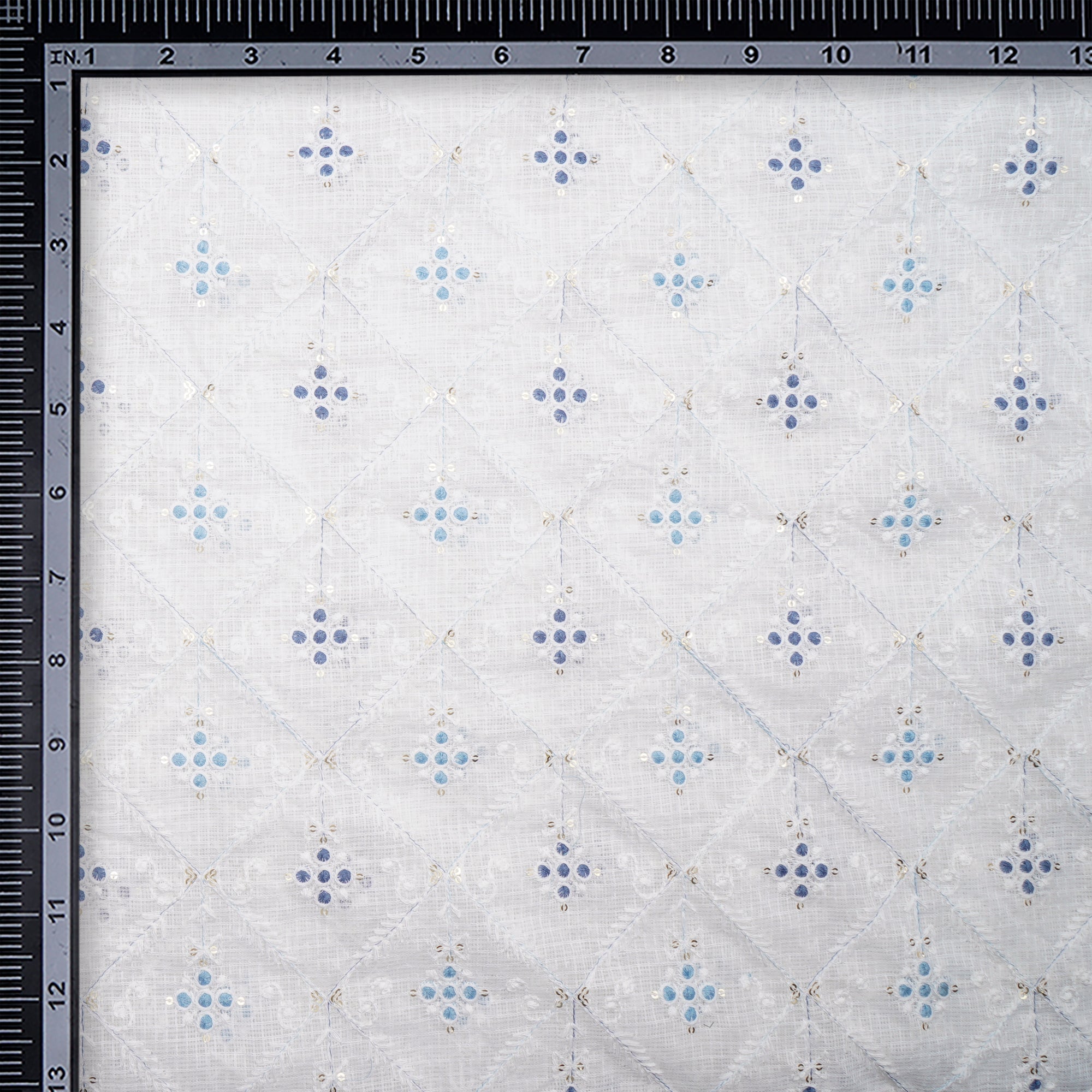 (Pre-Cut 2.00 Mtr)White-Blue All-Over Pattern Thread and Sequins Embroidered Kota Cotton Fabric