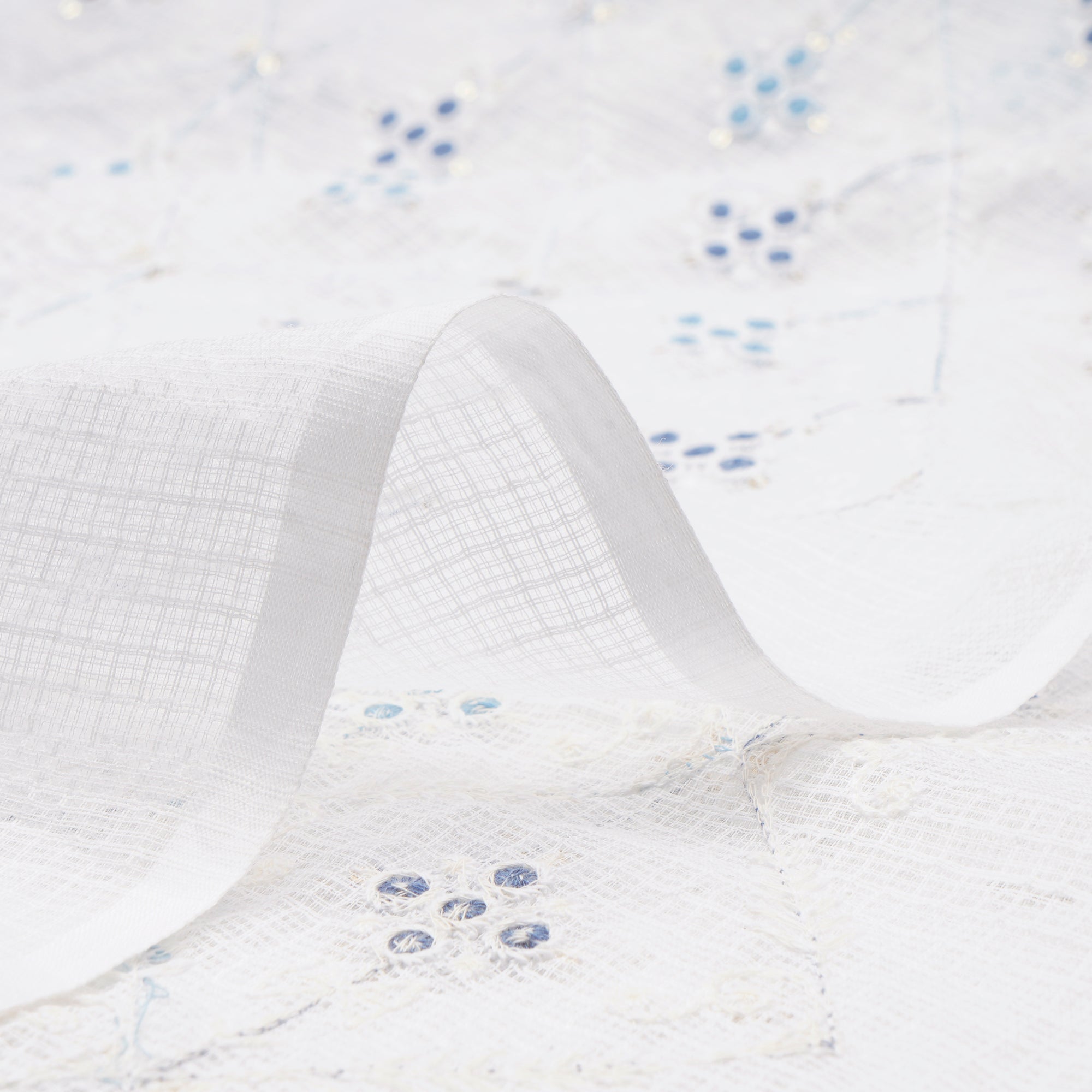 (Pre-Cut 2.00 Mtr)White-Blue All-Over Pattern Thread and Sequins Embroidered Kota Cotton Fabric