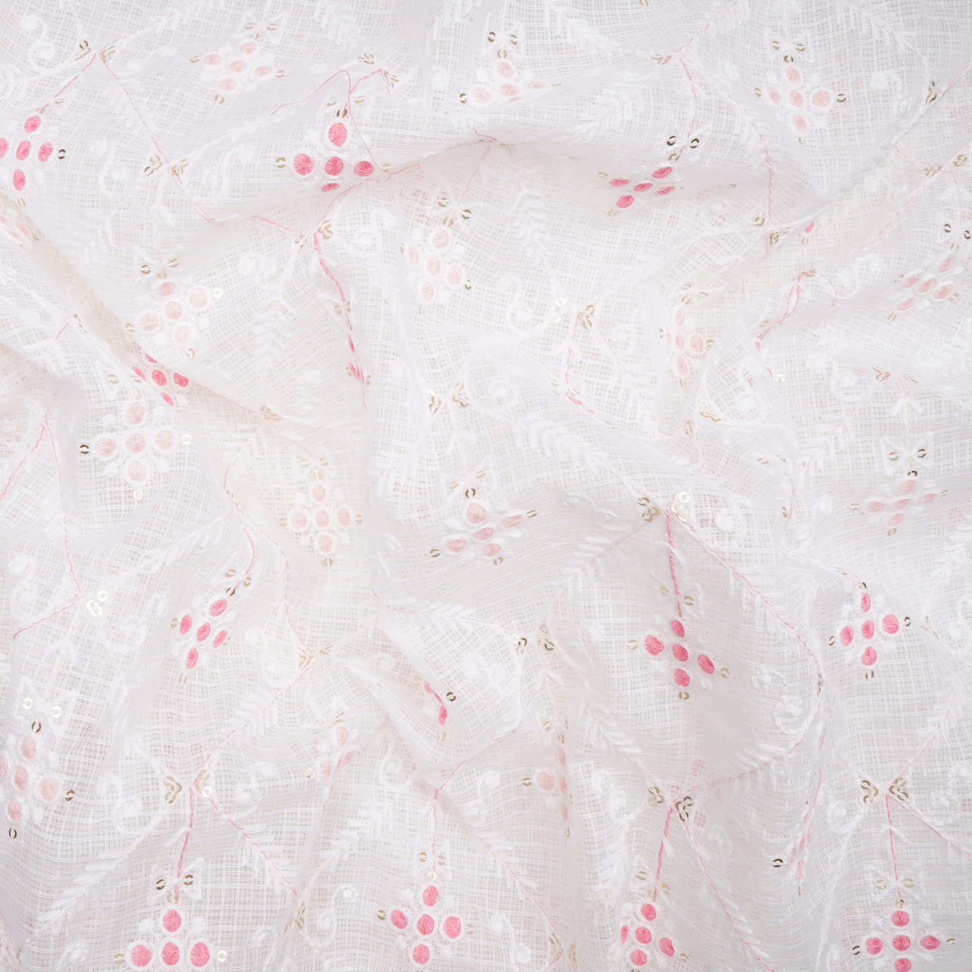 (Pre-Cut 2.10 Mtr)White-Pink All-Over Pattern Thread and Sequins Embroidered Kota Cotton Fabric