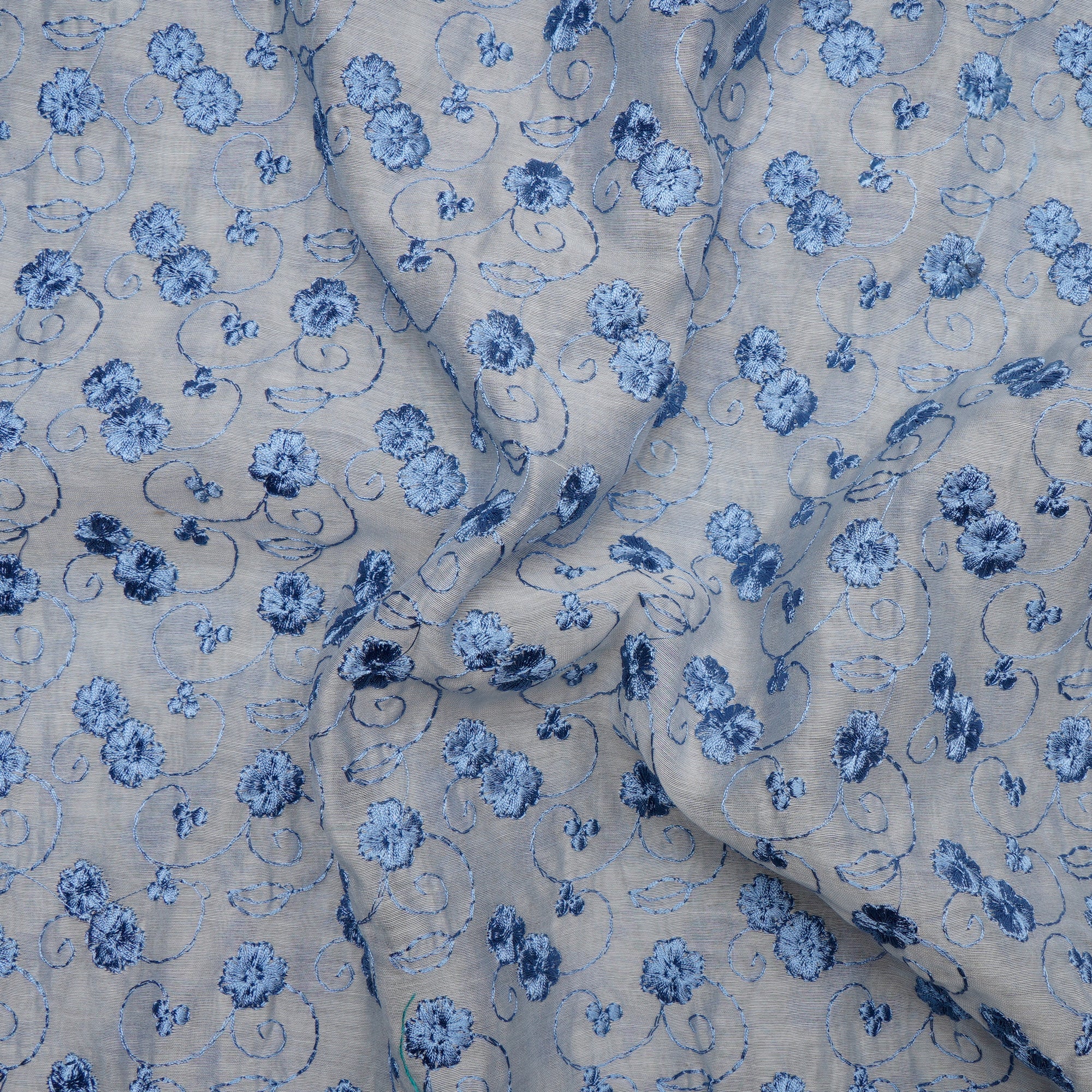 (Pre-Cut 1.60 Mtr)Ink Blue Floral Pattern Thread Embroidered Chanderi Fabric