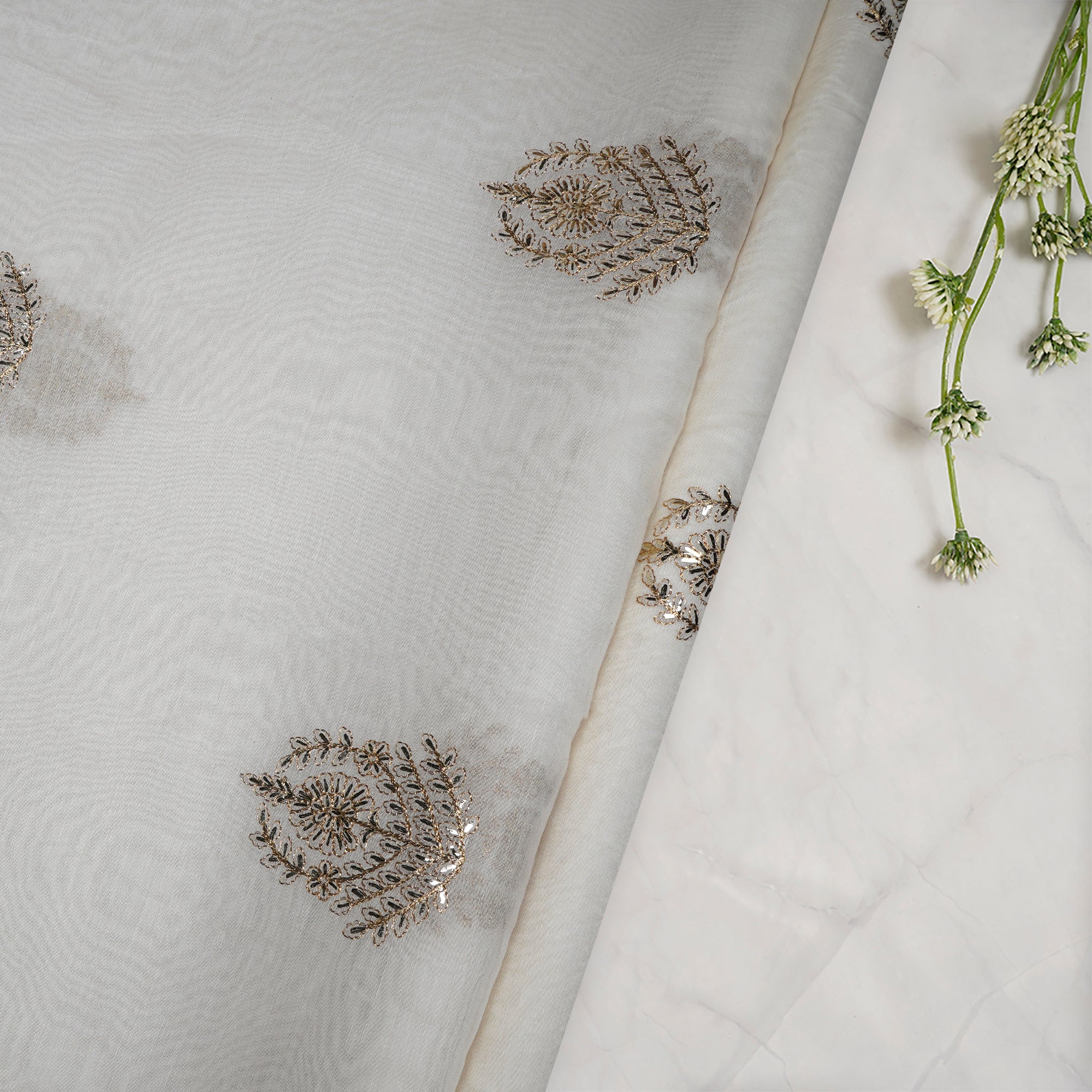 (Pre-Cut 2.50 Mtr)Off White Dyeable Motif Pattern Embroidered Chanderi Fabric