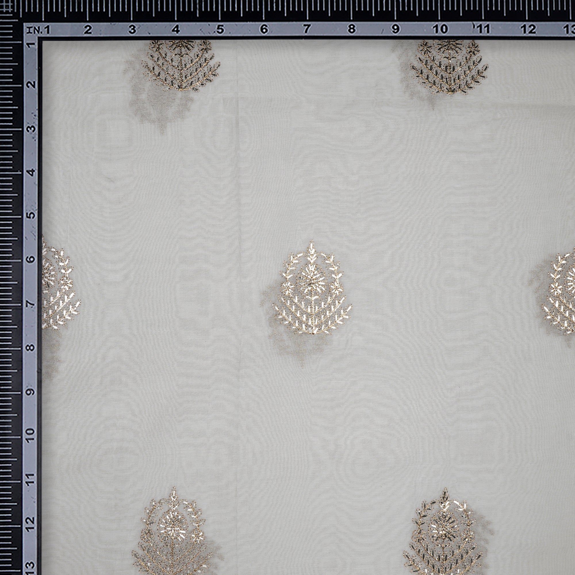 (Pre-Cut 2.50 Mtr)Off White Dyeable Motif Pattern Embroidered Chanderi Fabric
