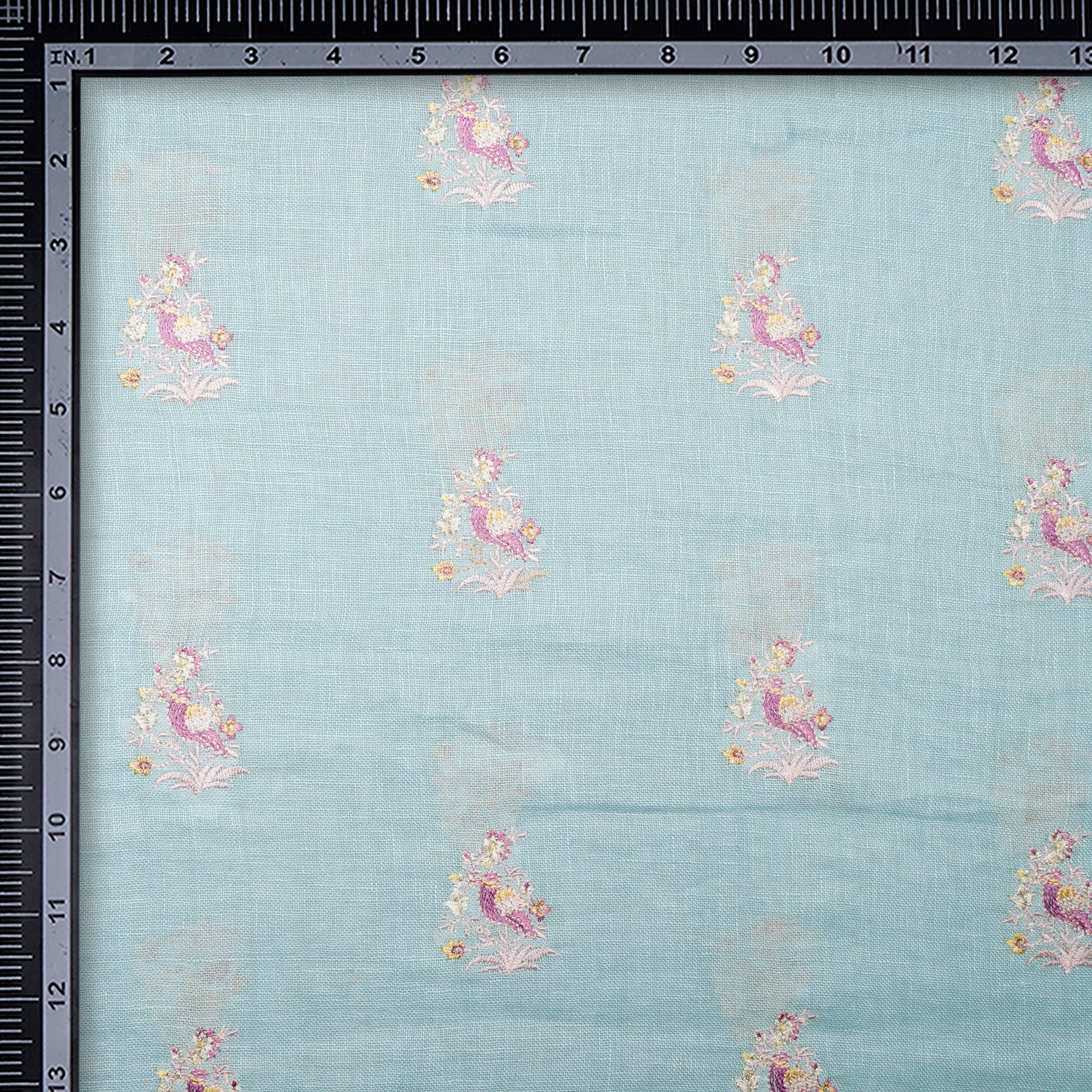 (Pre-Cut 1.90 Mtr)Light Blue Color Embroidered Linen Fabric
