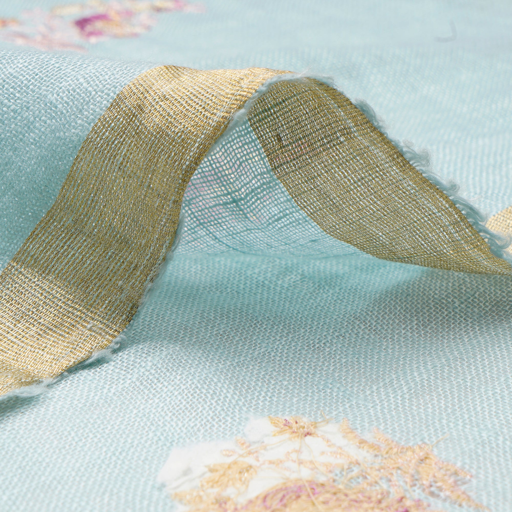 (Pre-Cut 1.90 Mtr)Light Blue Color Embroidered Linen Fabric