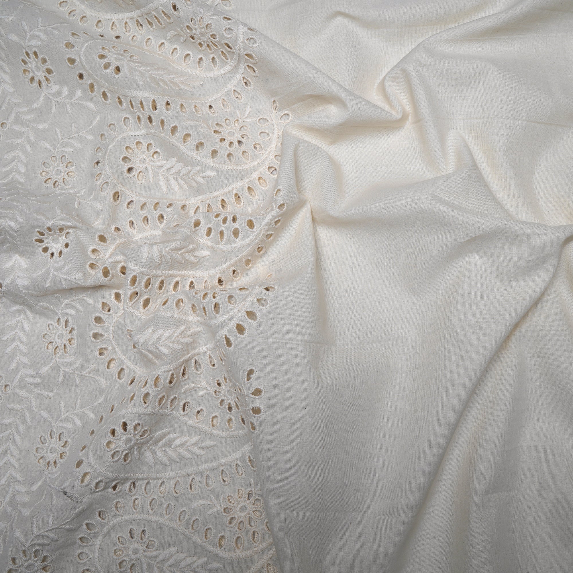 (Pre-Cut 1.40 Mtr)Off White Schiffli Embroidered Cotton Fabric