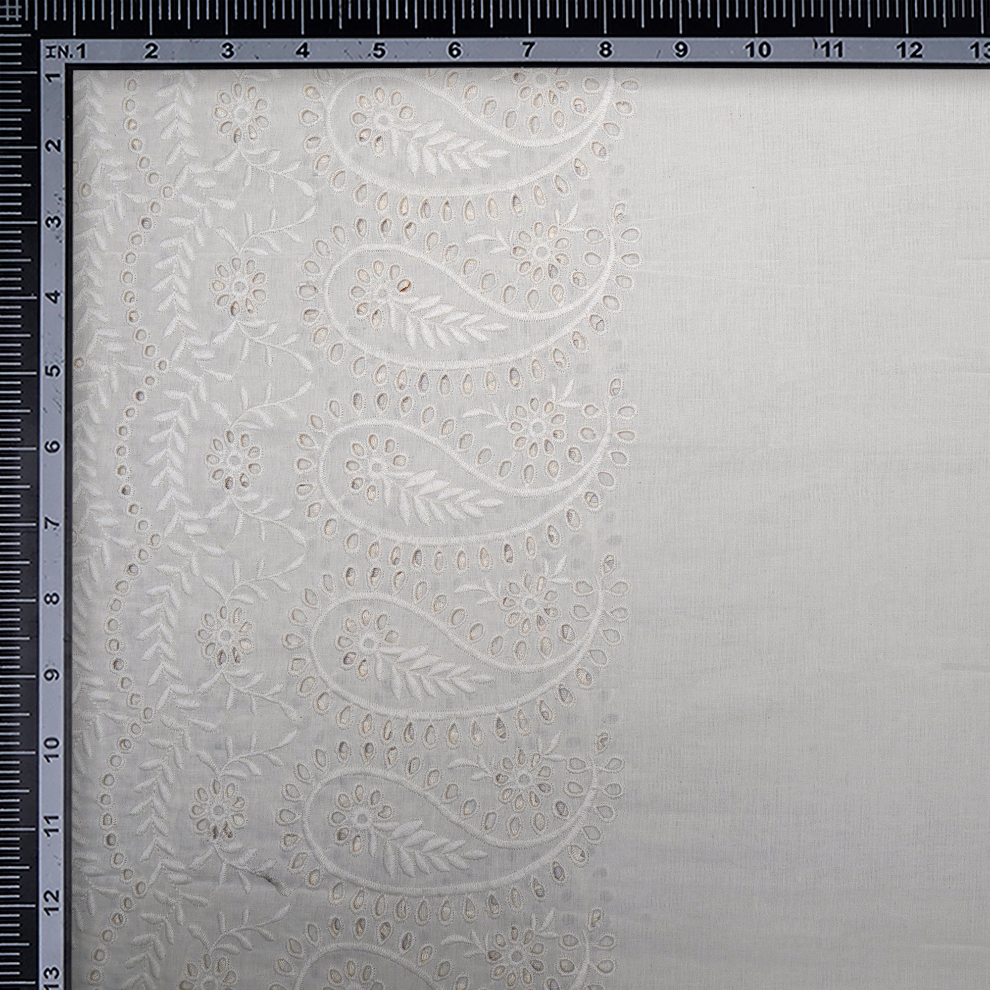 (Pre-Cut 1.40 Mtr)Off White Schiffli Embroidered Cotton Fabric