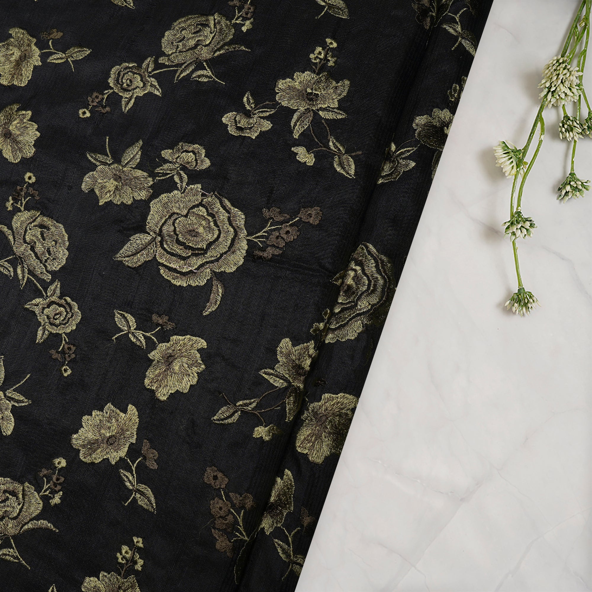 (Pre-Cut 2.30 Mtr) Black Floral Pattern Thread Embroidered Raw Silk Fabric