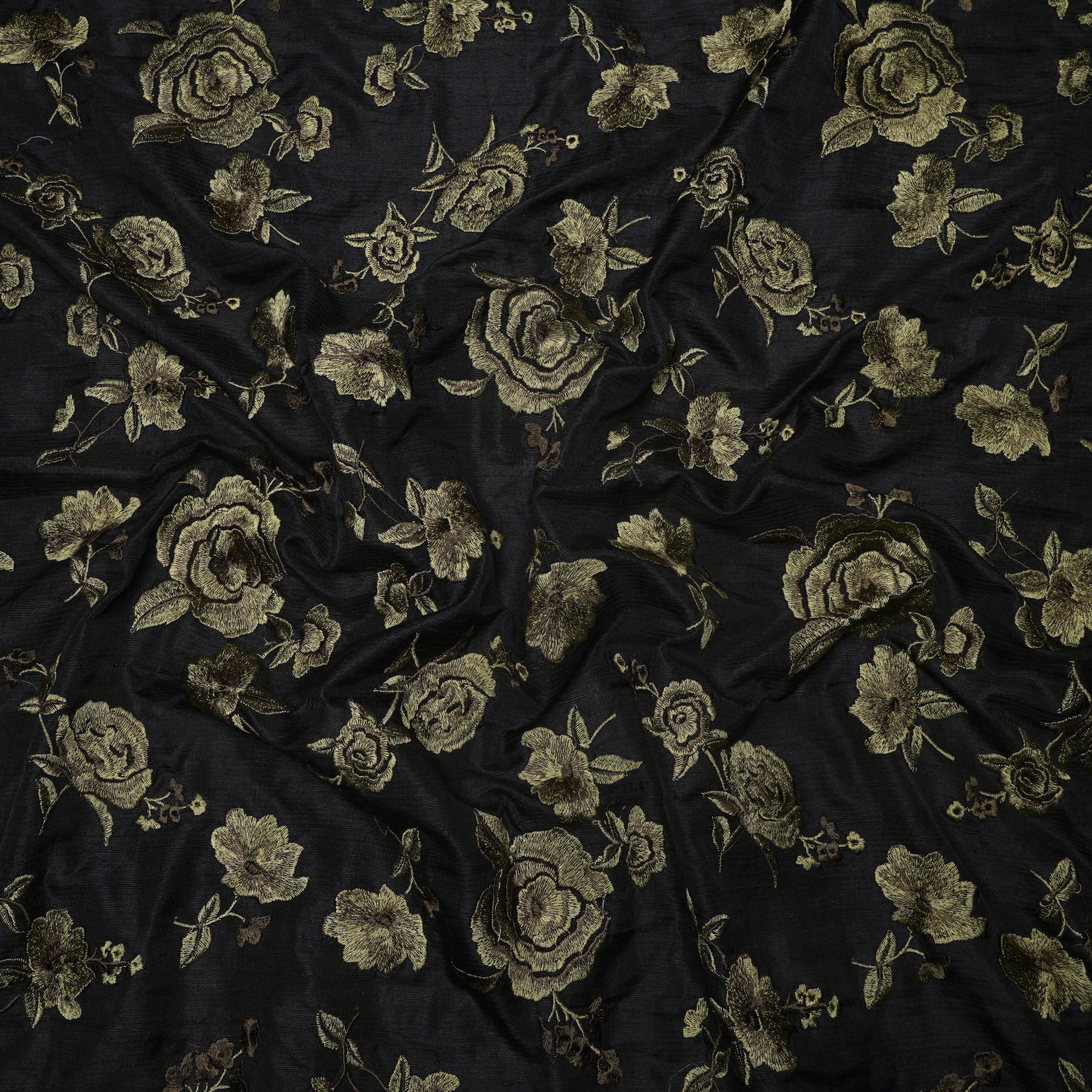 (Pre-Cut 2.30 Mtr) Black Floral Pattern Thread Embroidered Raw Silk Fabric