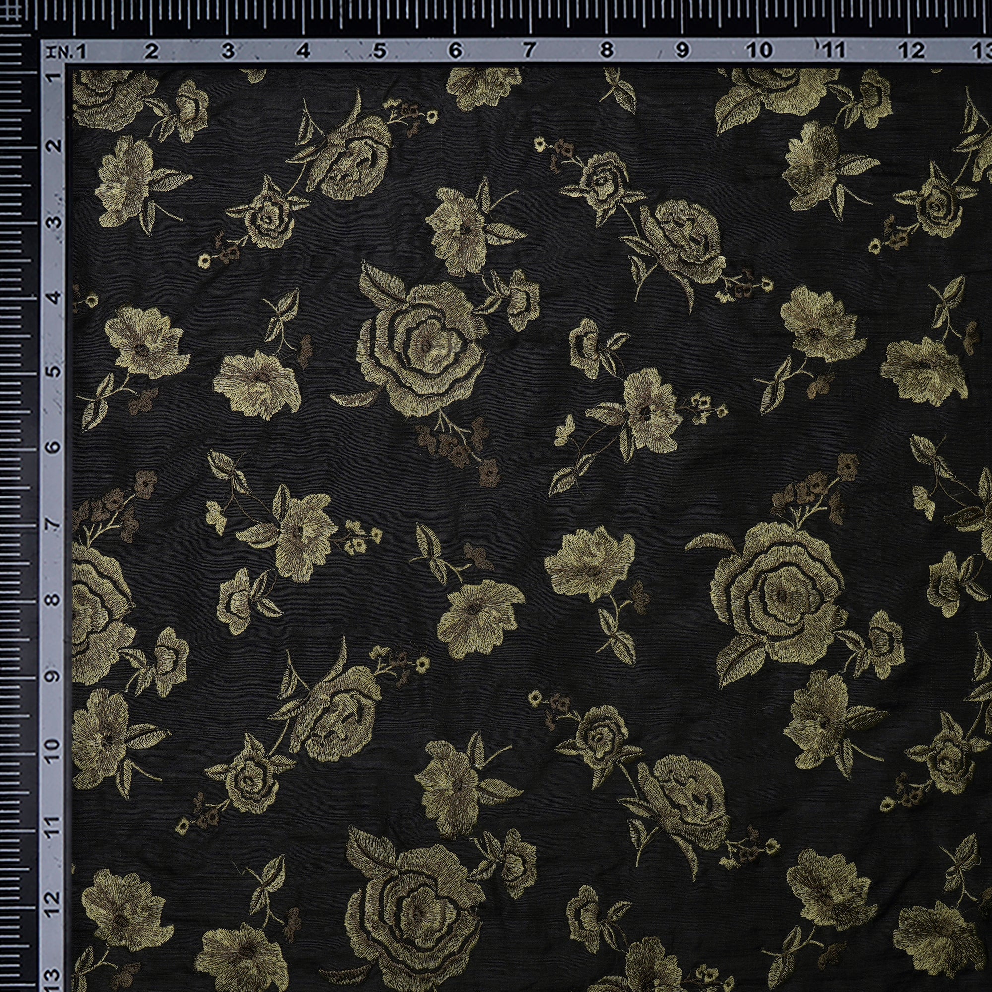 (Pre-Cut 2.30 Mtr) Black Floral Pattern Thread Embroidered Raw Silk Fabric