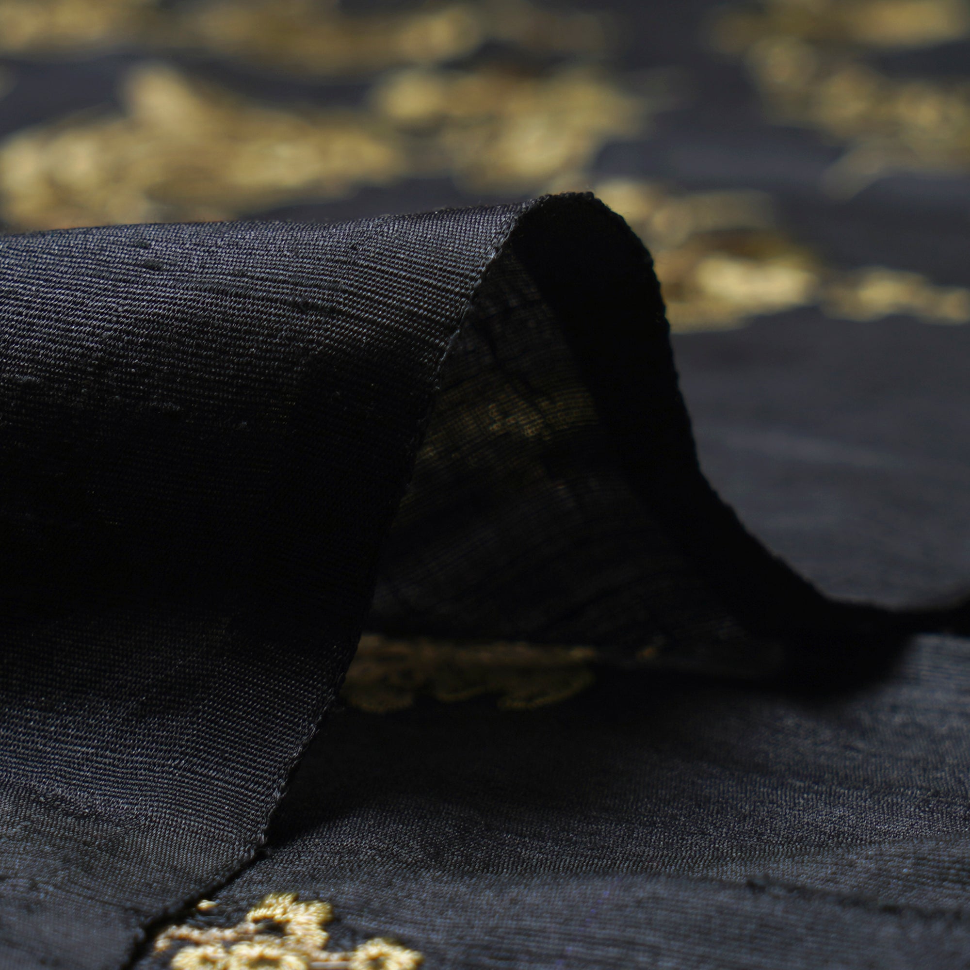 (Pre-Cut 2.30 Mtr) Black Floral Pattern Thread Embroidered Raw Silk Fabric