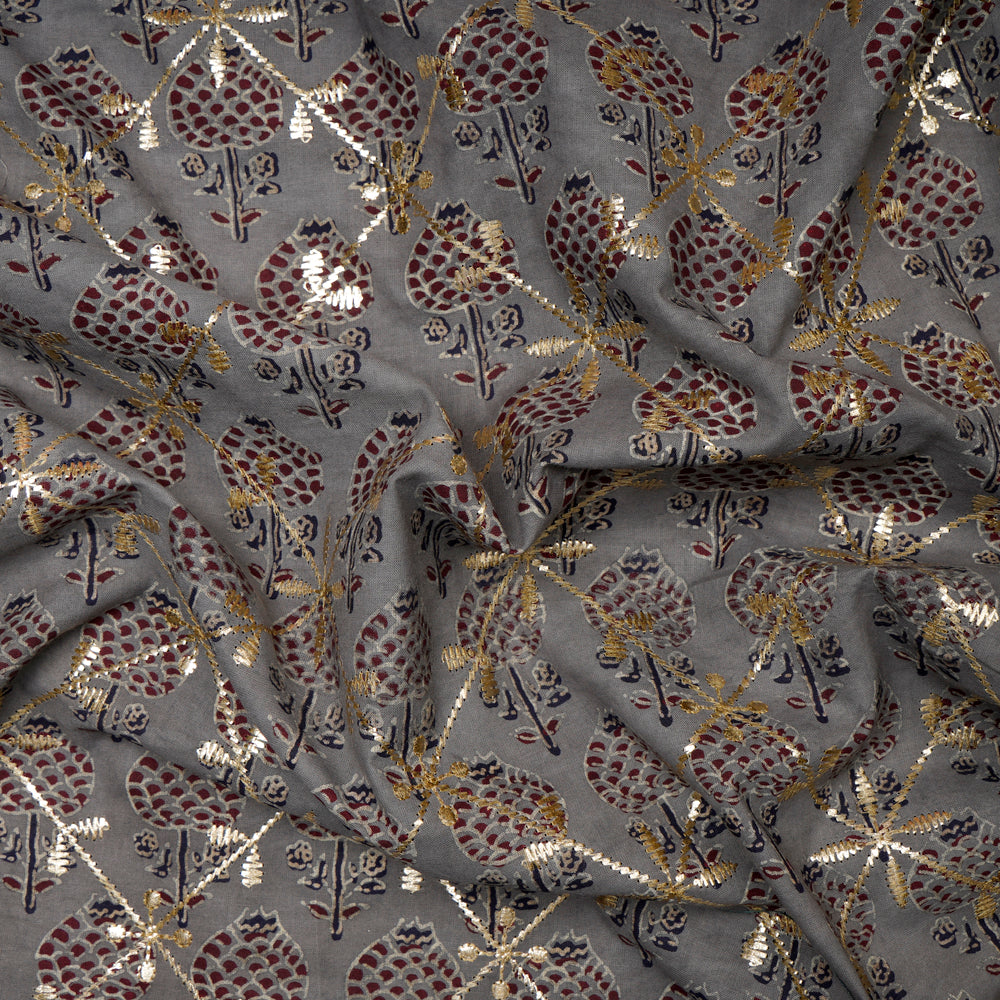 (Pre-Cut 2.10 Mtr)Dark Grey Color Mukaish Work Embroidered Printed Cotton Fabric