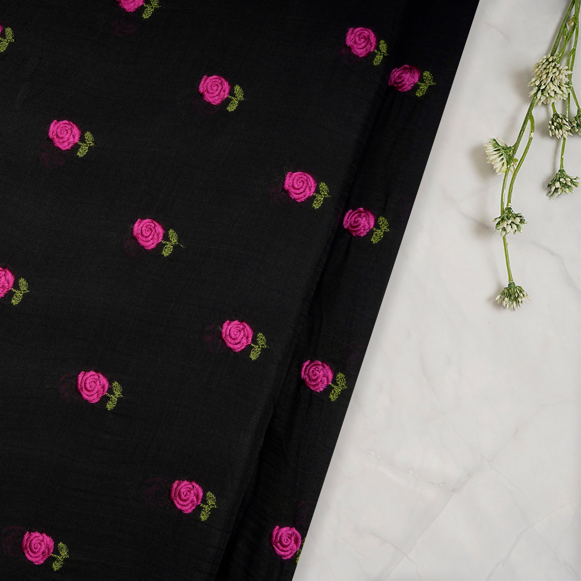 (Pre-Cut 1.50 Mtr)Black Dyed Motif Pattern Thraed Embroidered Chanderi Fabric